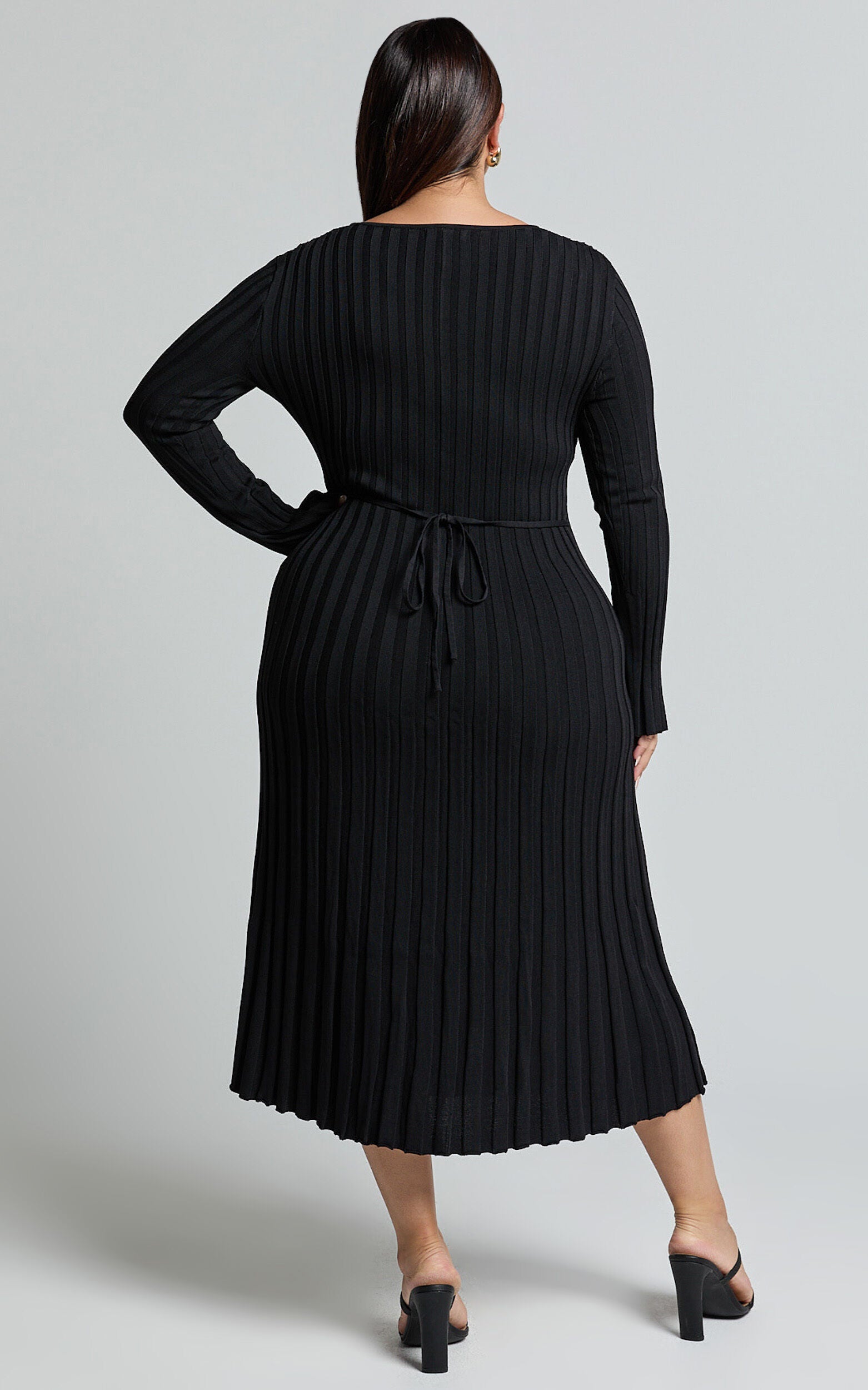Blaire Midi Dress - Long Sleeve Tie Back Flare Dress in Black