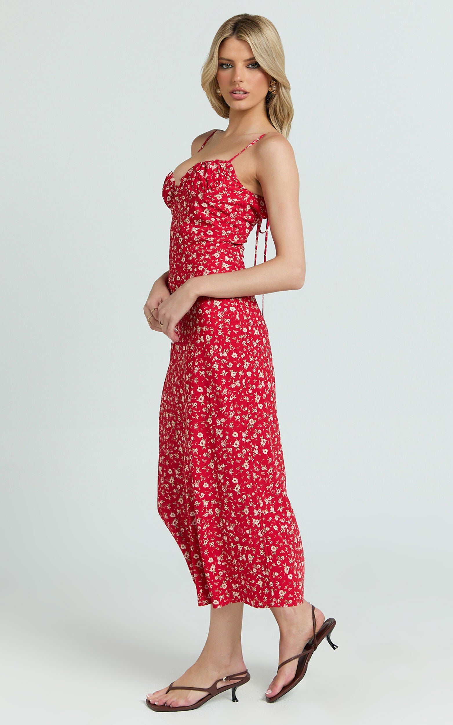 Hilton Midi Dress - Ruched Bust Slip Dress in Red Floral