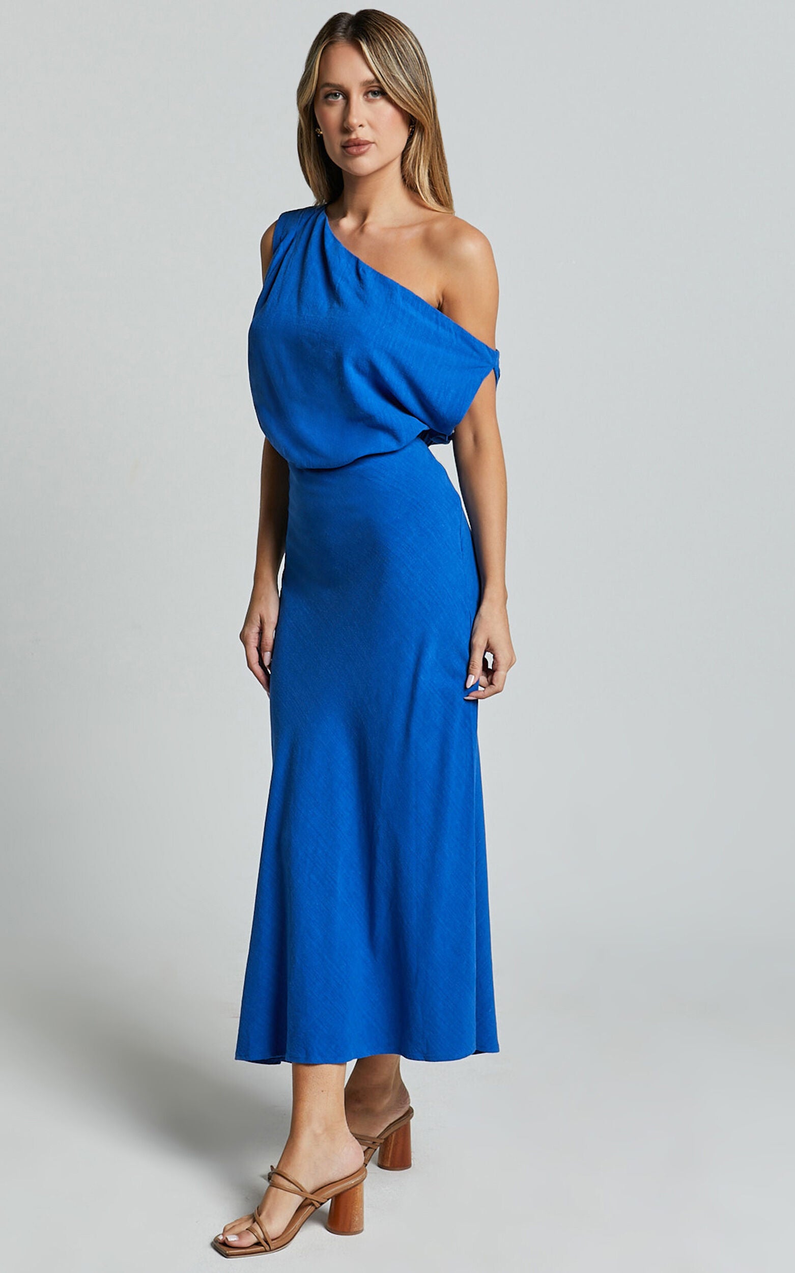 Jacqueline Midi Dress - Linen One Shoulder Dress in Cobalt