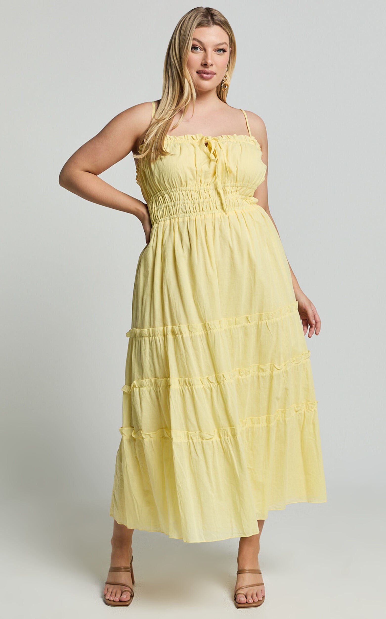 Schiffer Midi Dress - Strappy Ruched Tie Front Tiered Dress in Yellow