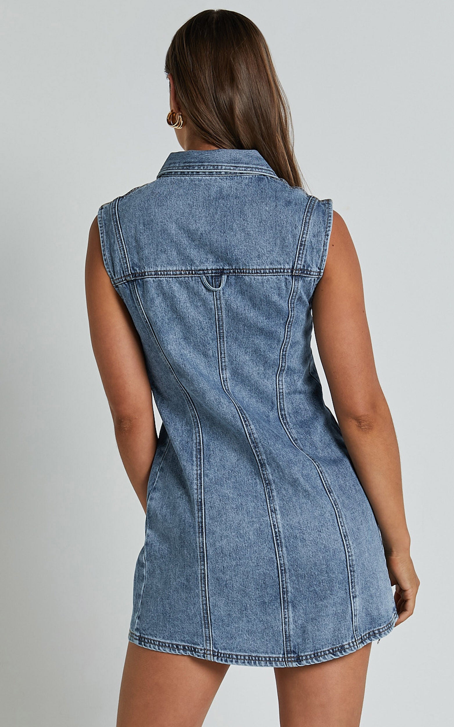 Gigie Mini Dress - Button Front Collared Denim in Mid Blue Wash