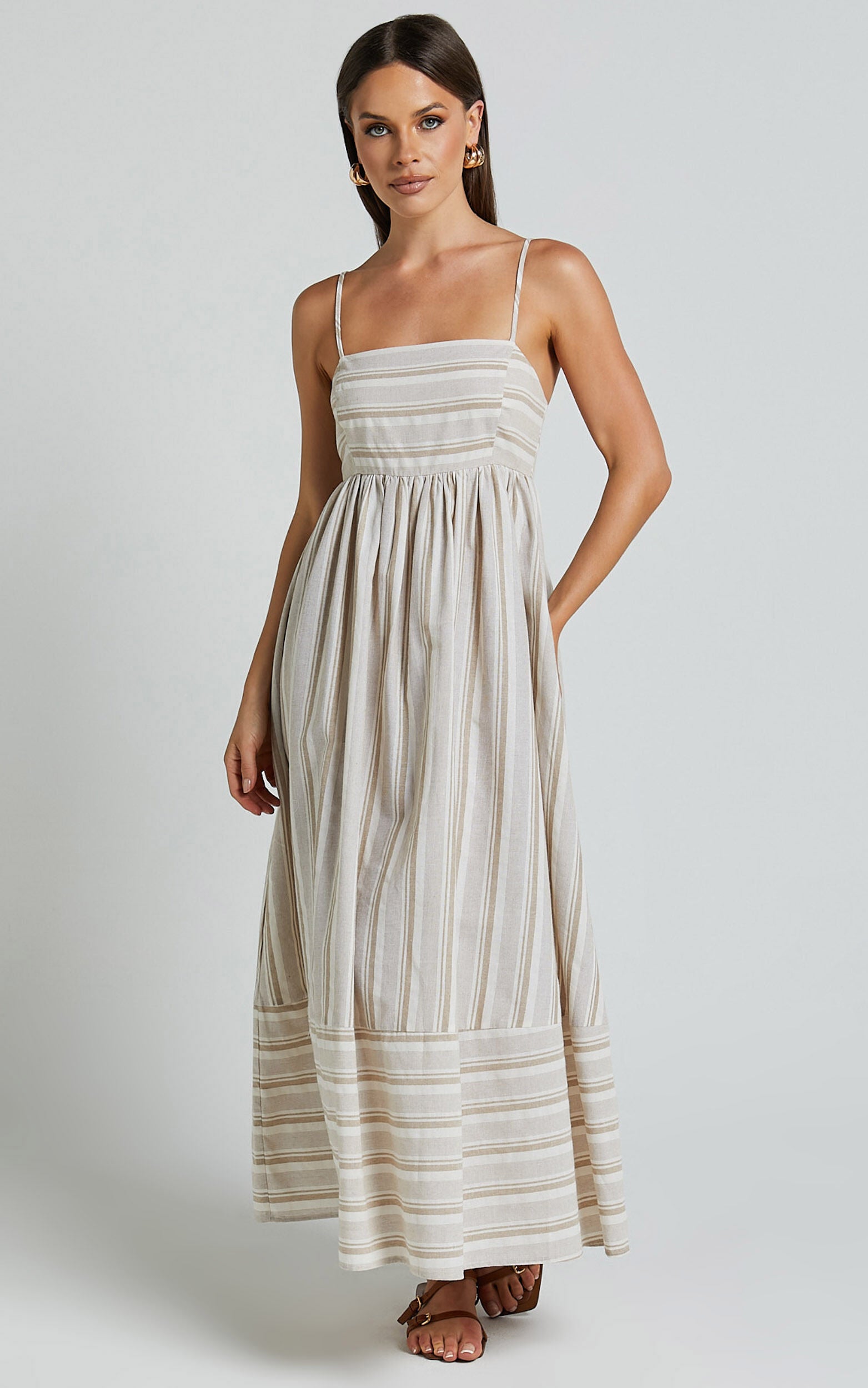 Katheryn Midi Dress - Strappy Straight Neck A Line Gathered Dress in Beige and Natural Stripe