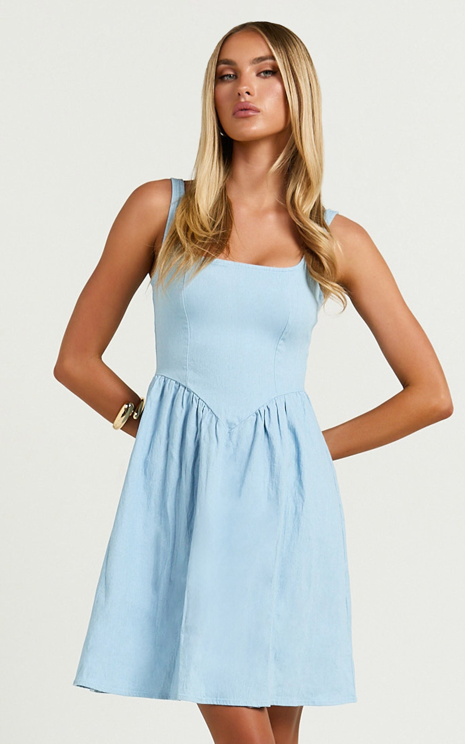 Rhaziya Mini Dress - Sleeveless Straight Neck Fit and Flare Dress in Blue