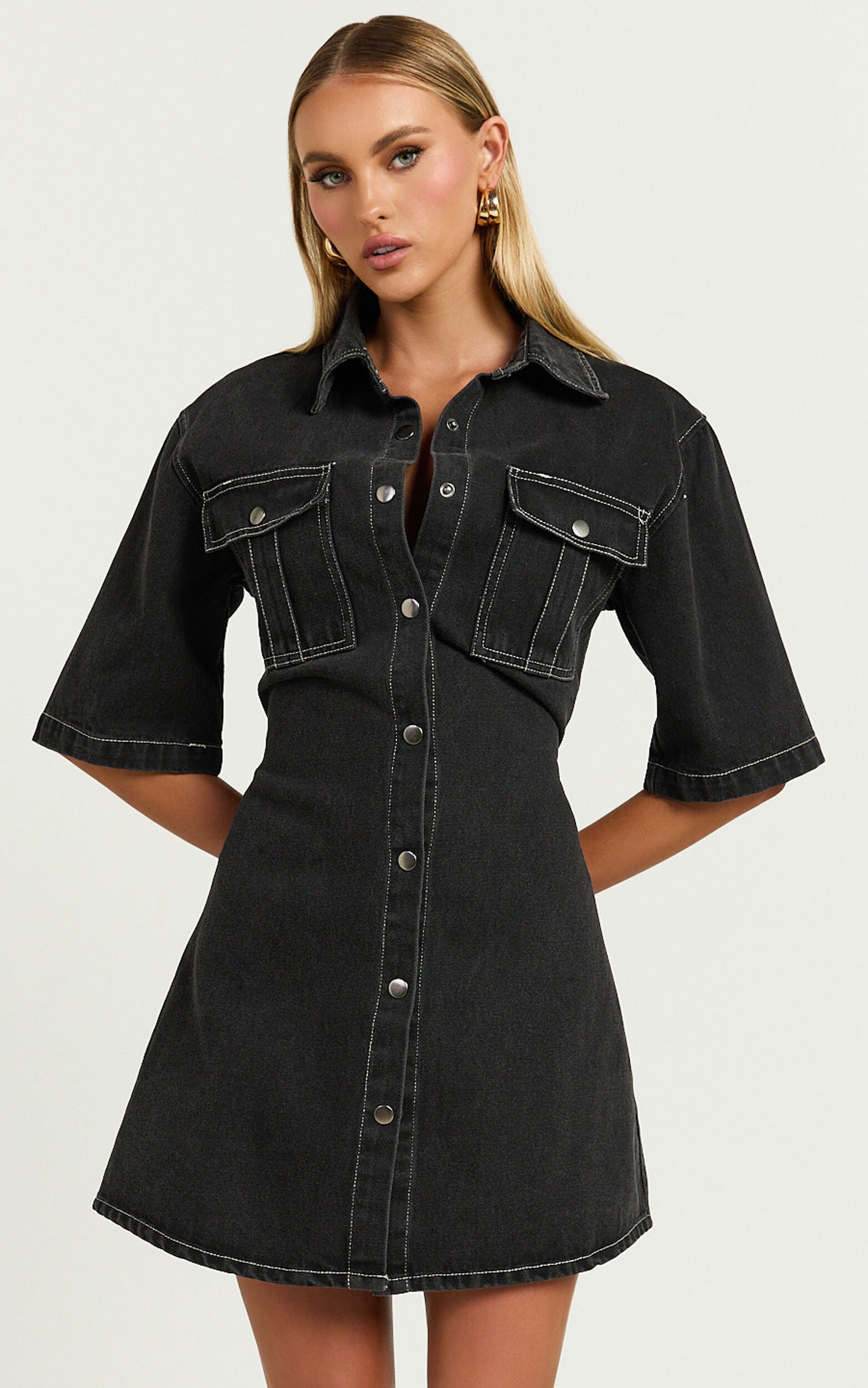 Leilani Mini Dress - Denim Short Sleeve Button Up Dress in Washed Black