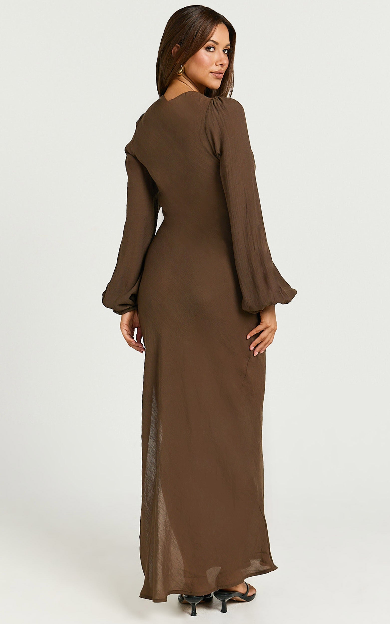 Sydney Midi Dress - Scoop Neck Long Sleeve Slip Dress in Brown