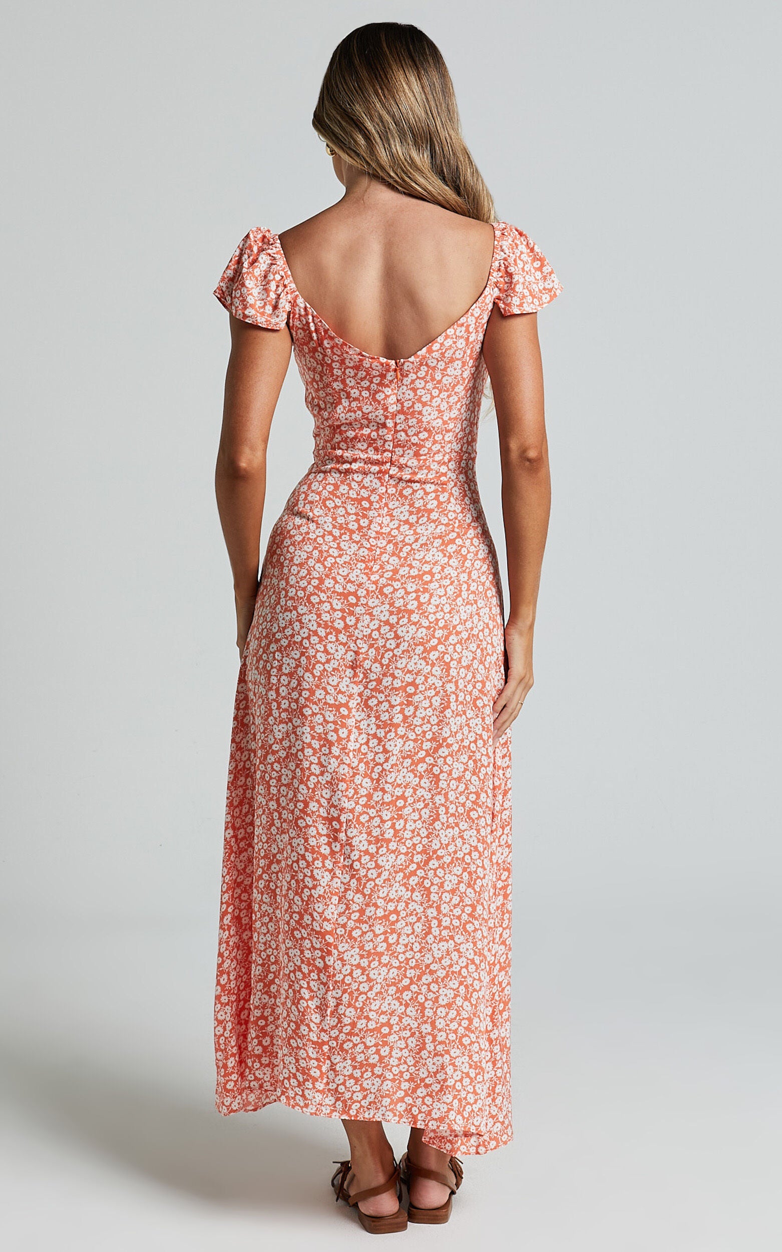 Donissa Midi Dress - Thigh Split Flutter Sleeve Dress in Orange Floral