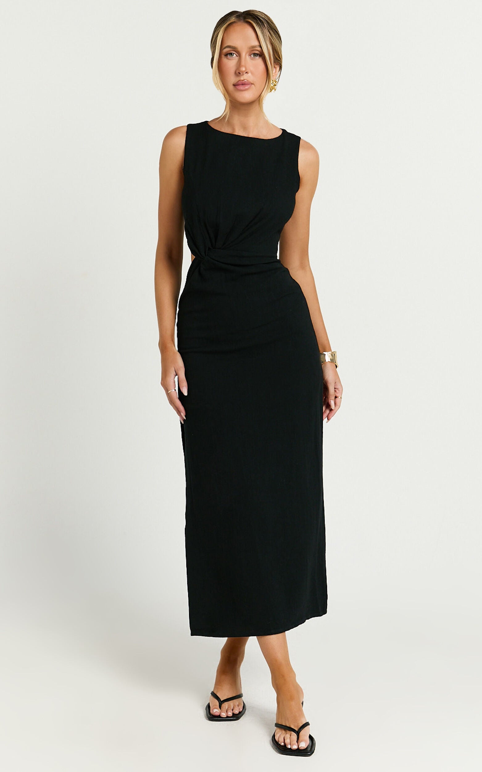 Brodie Midi Dress - Side Cut Out Linen Blend Dress in Black