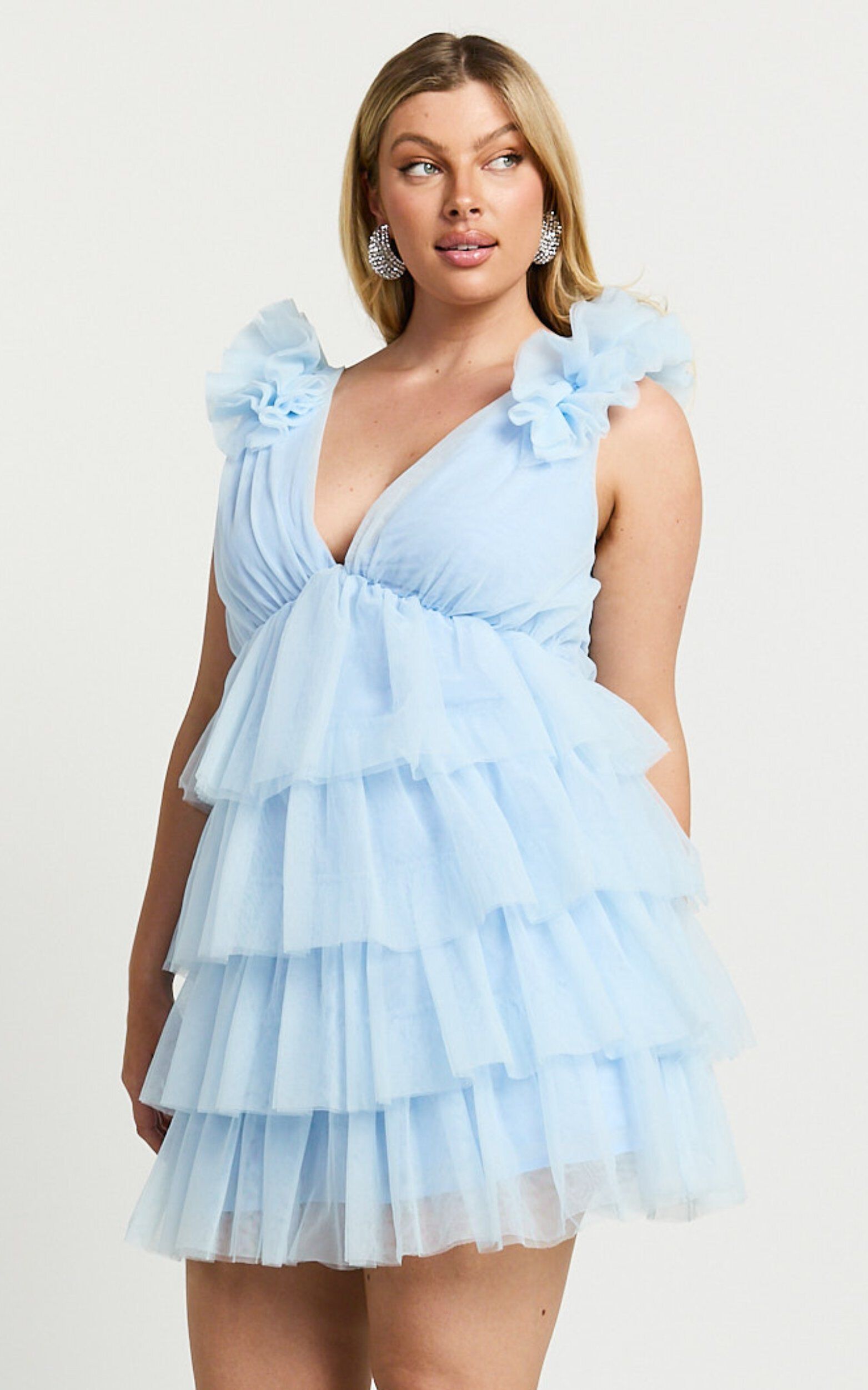 Hayden Mini Dress - Low Back Tulle Tiered Dress in Light Blue