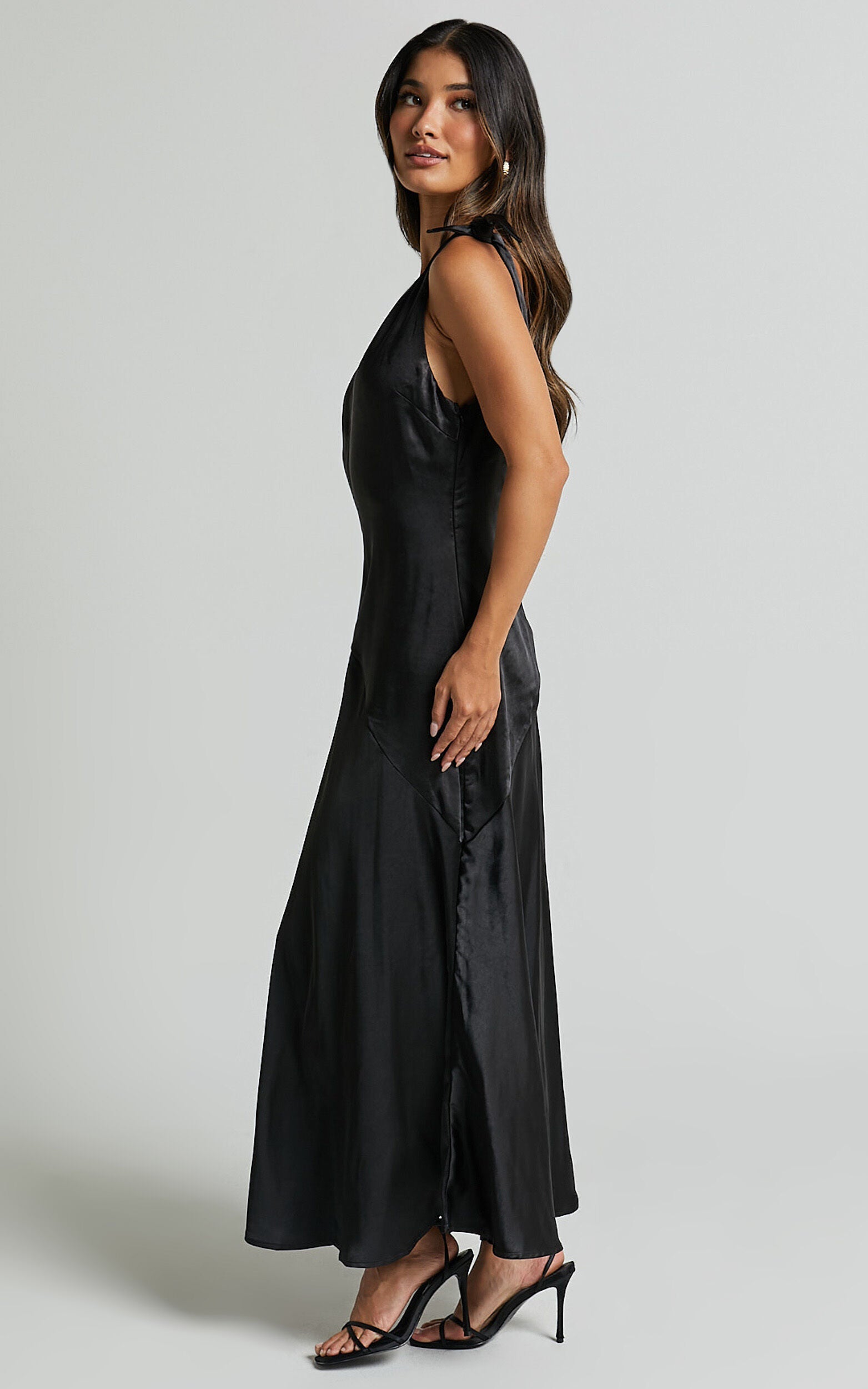 Hart Midi Dress - Tie Shoulder Plunge Satin Dress in Black
