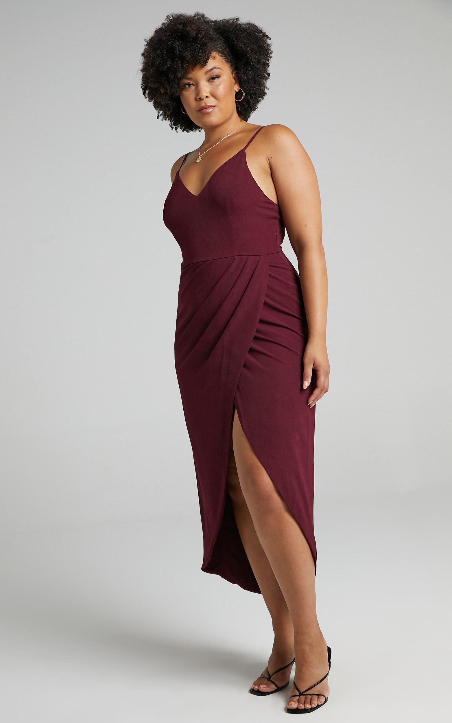 Lucky Day Midi Dress - V Neck Drape Dress in Wine