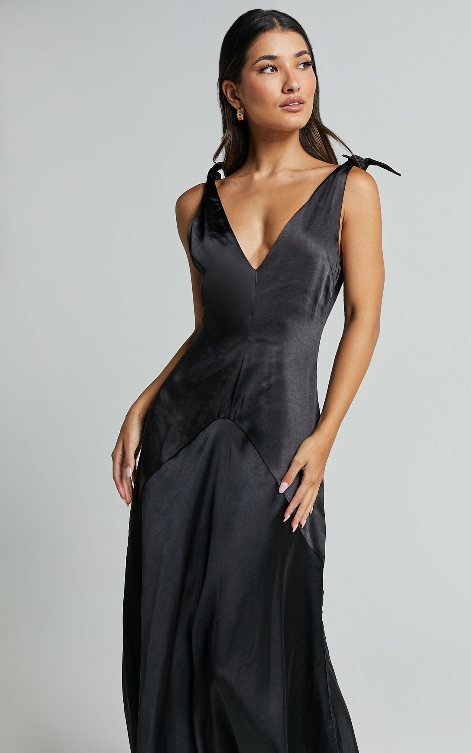 Hart Midi Dress - Tie Shoulder Plunge Satin Dress in Black