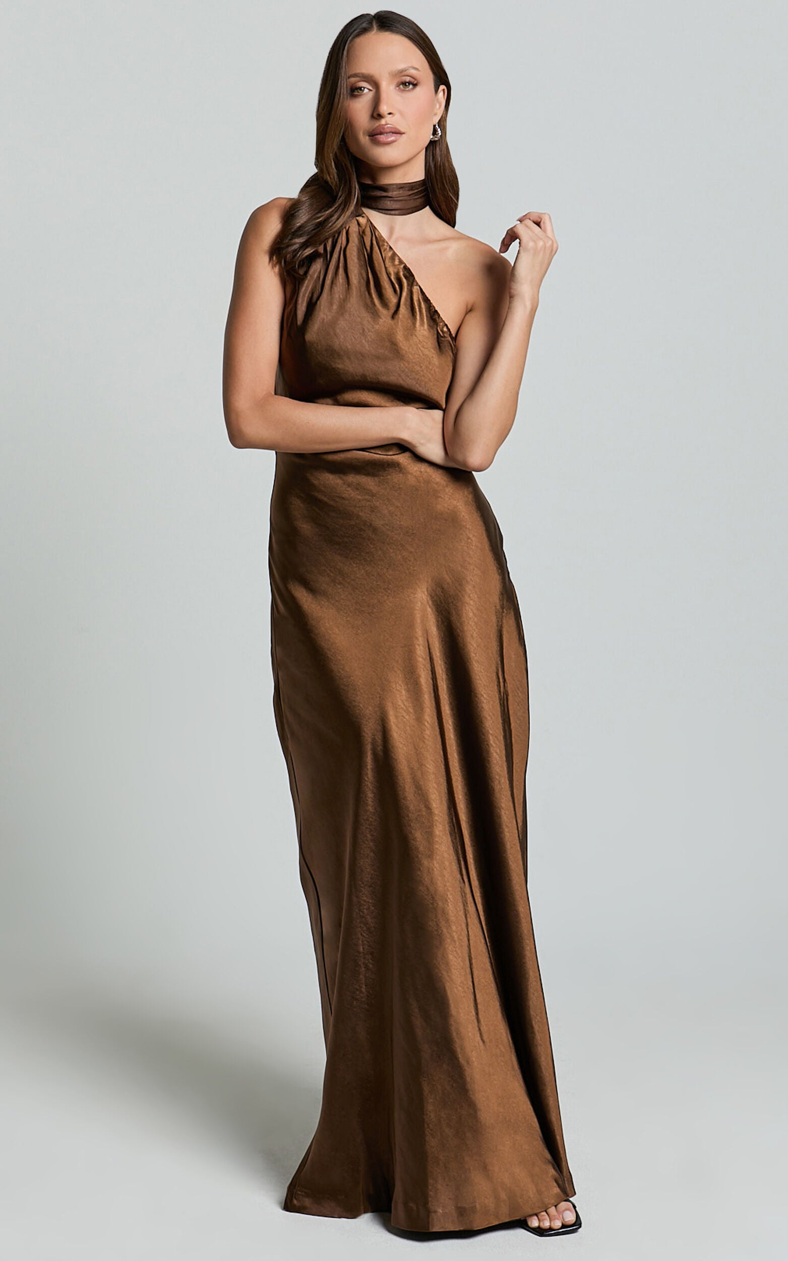 Ryan Maxi Dress - Tie Neck One Shoulder Dress in Chocolate