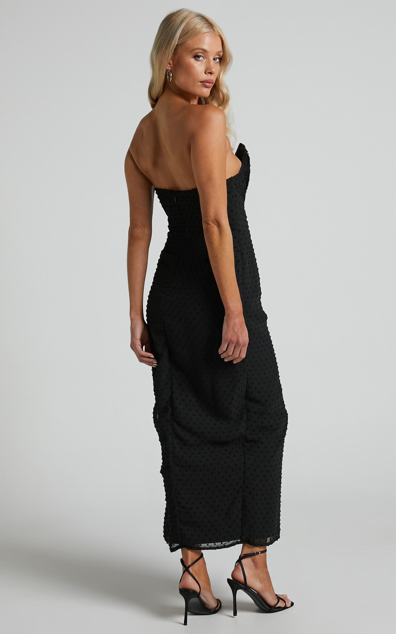 Raquella Midi Dress - Twist Front Thigh Split Strapless Dress in Black