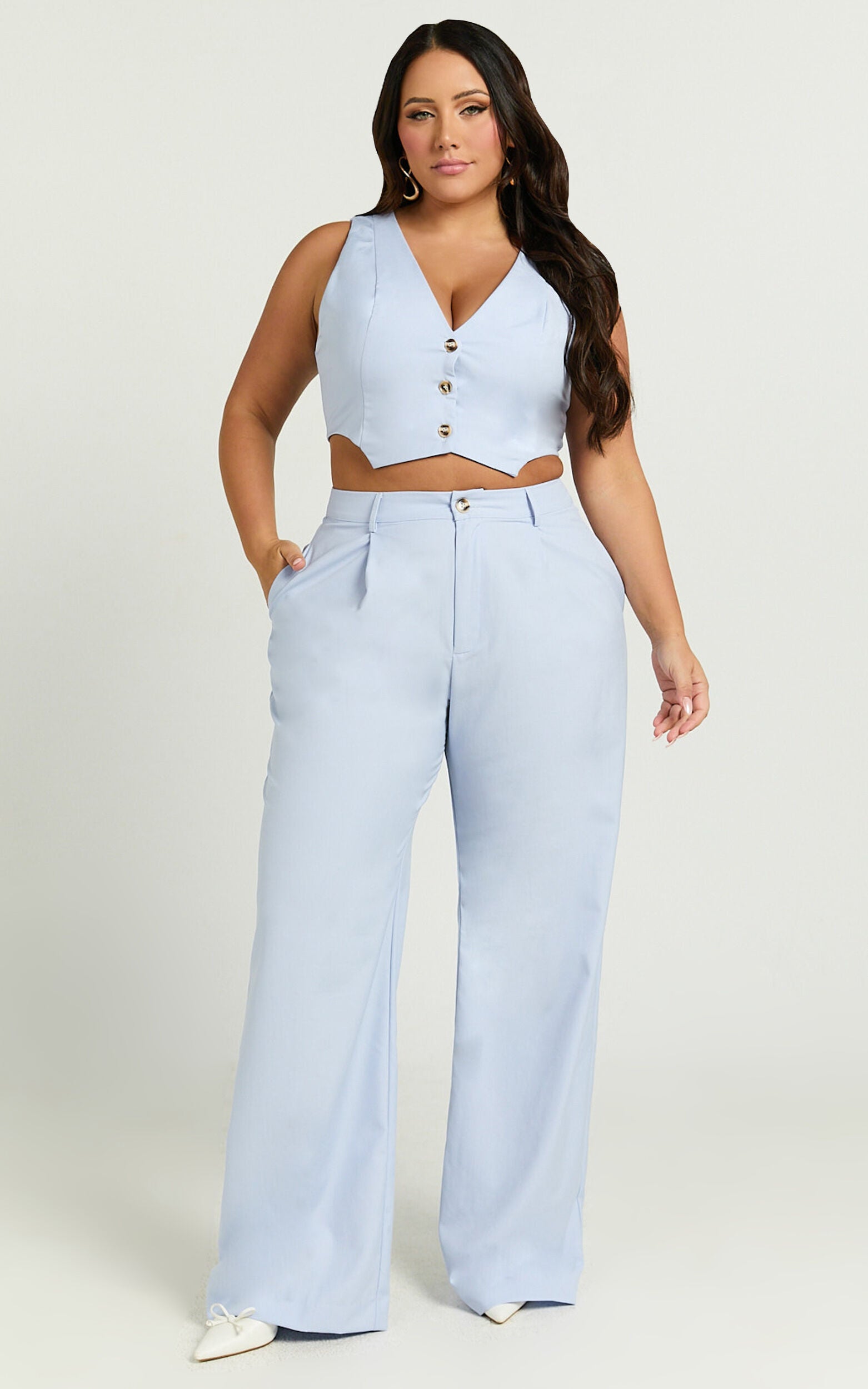 Izara Trousers - Mid Rise Relaxed Straight Leg Tailored Trousers in Light Blue