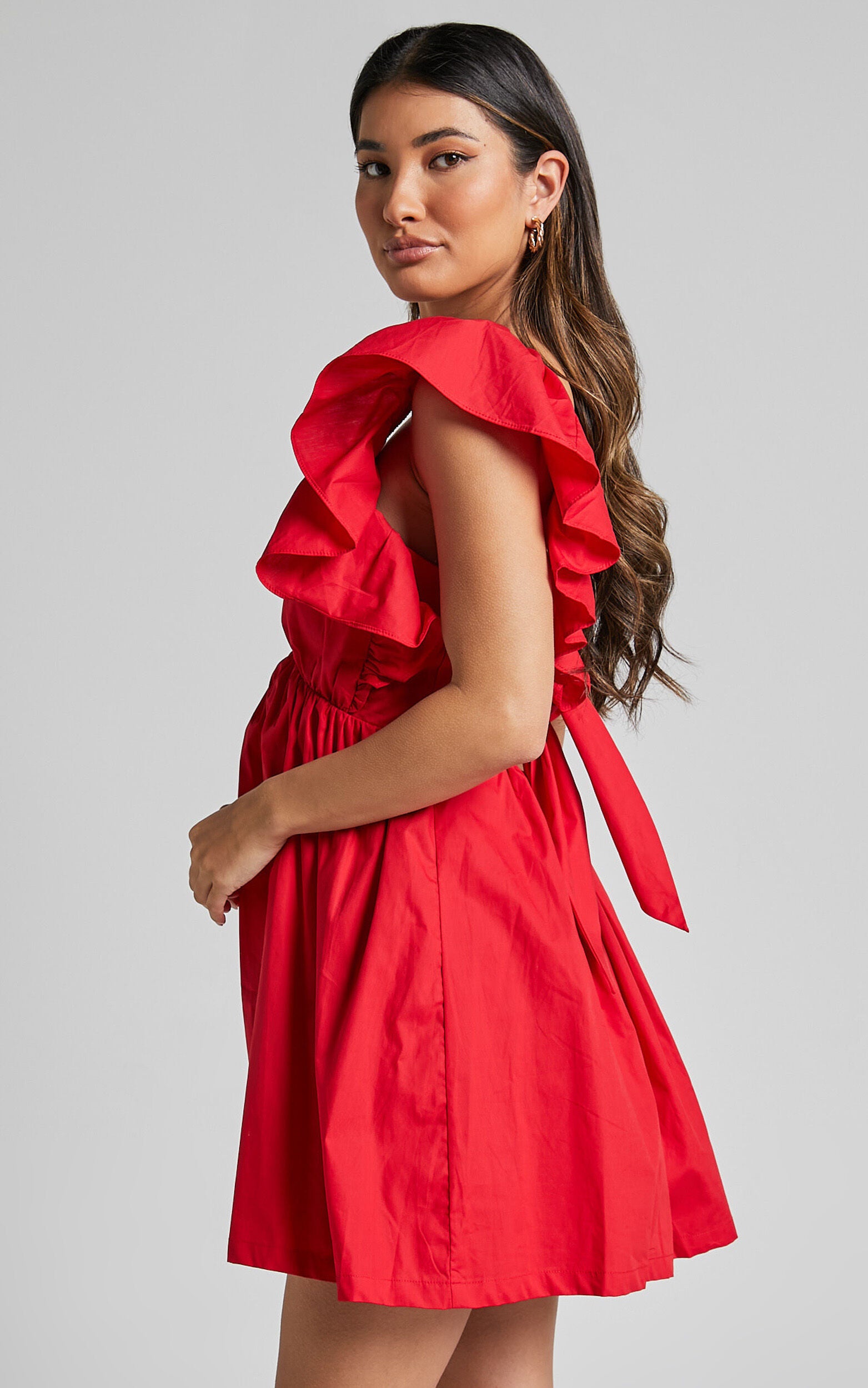 Raiza Mini Dress - Ruffle Sleeve Tie Back Plunge Dress in Red