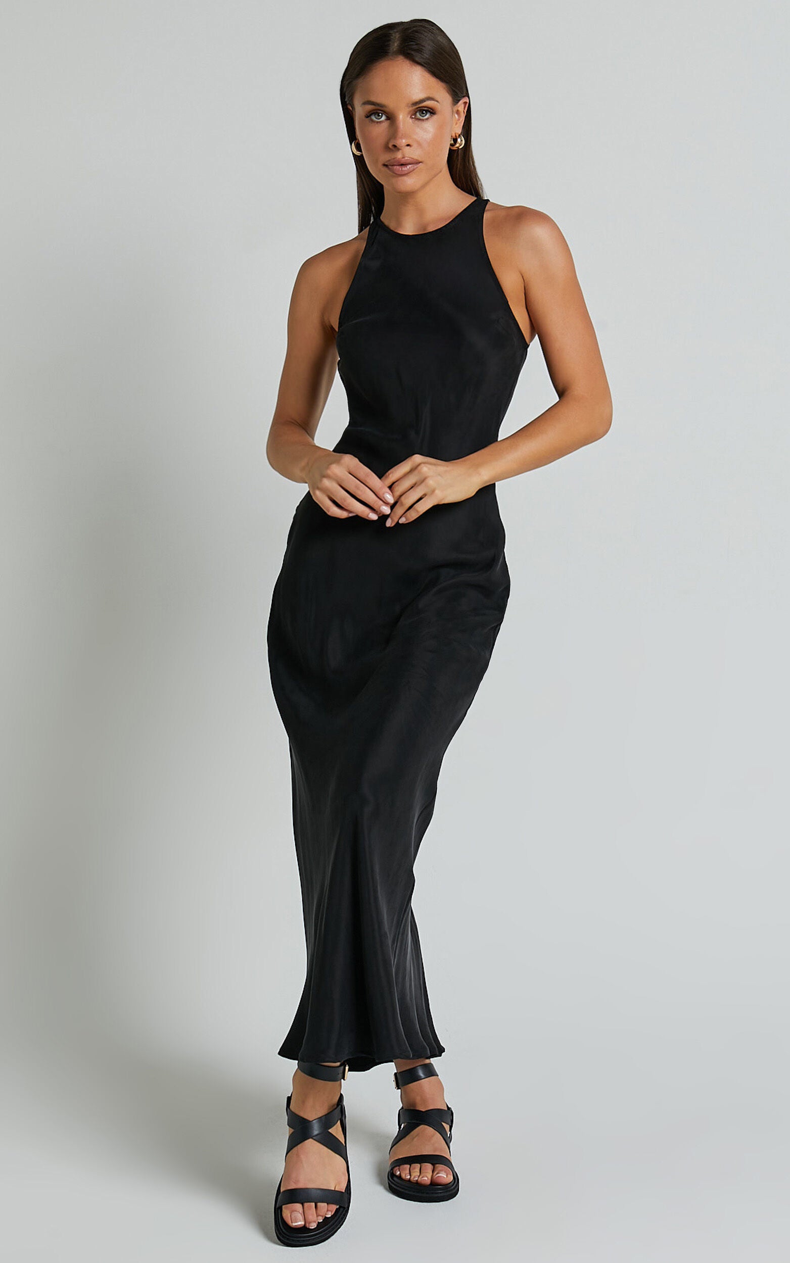 Irvine Midi Dress - Racer Neck Slip Dress in Black