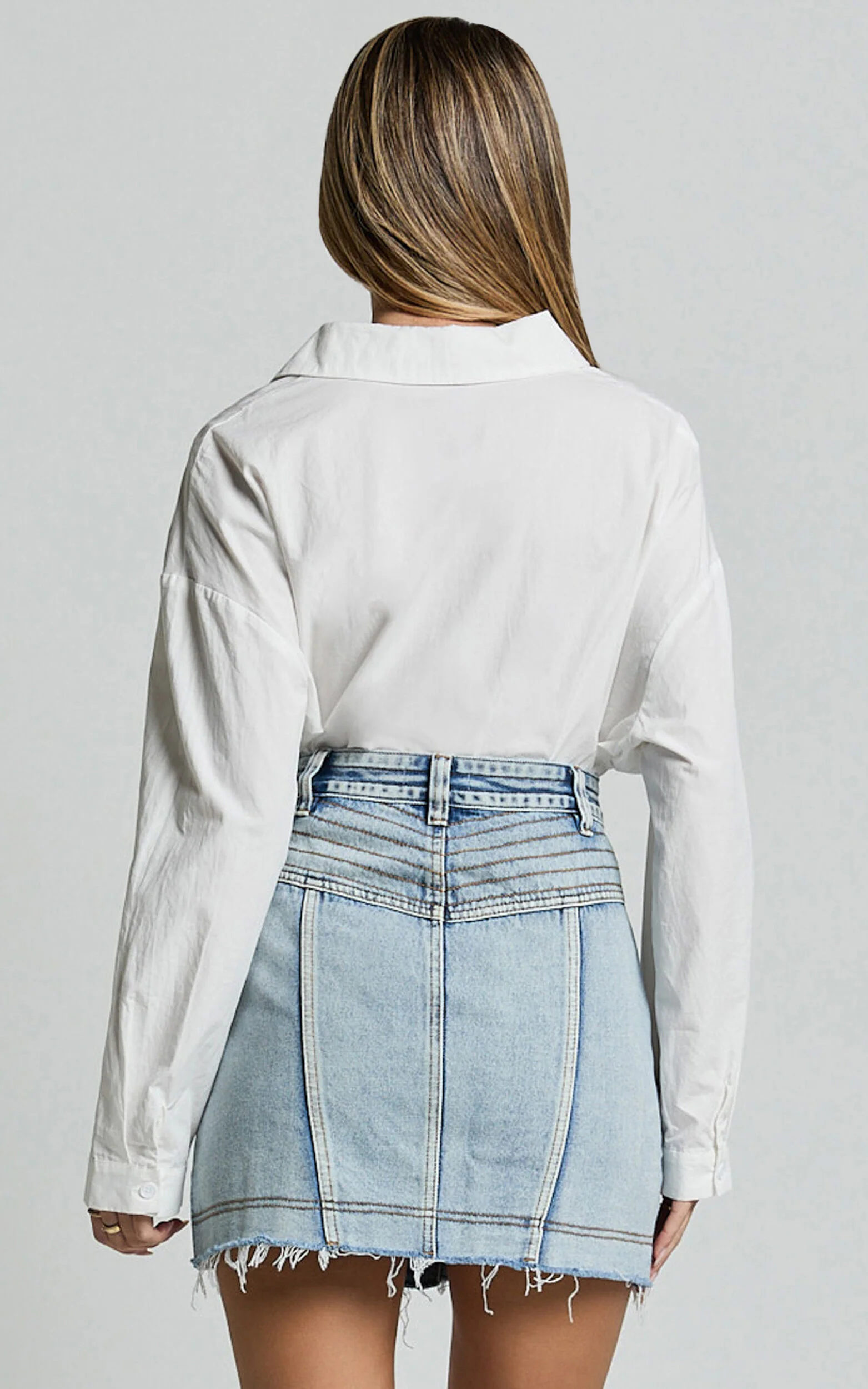 Gennlee Mini Skirt - Cotton Contrast Denim Skirt in Light Wash Blue