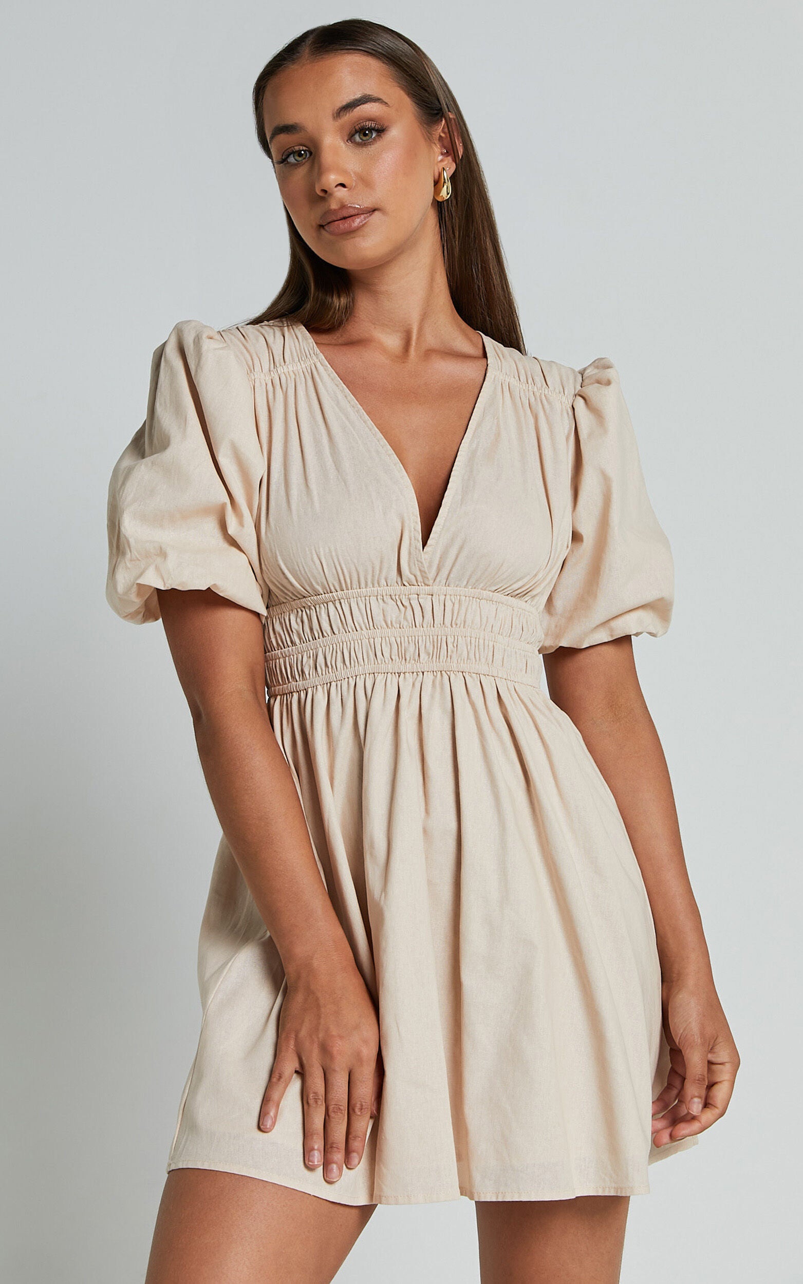 Francesca V Neck Puff Sleeves Mini Dress in Natural