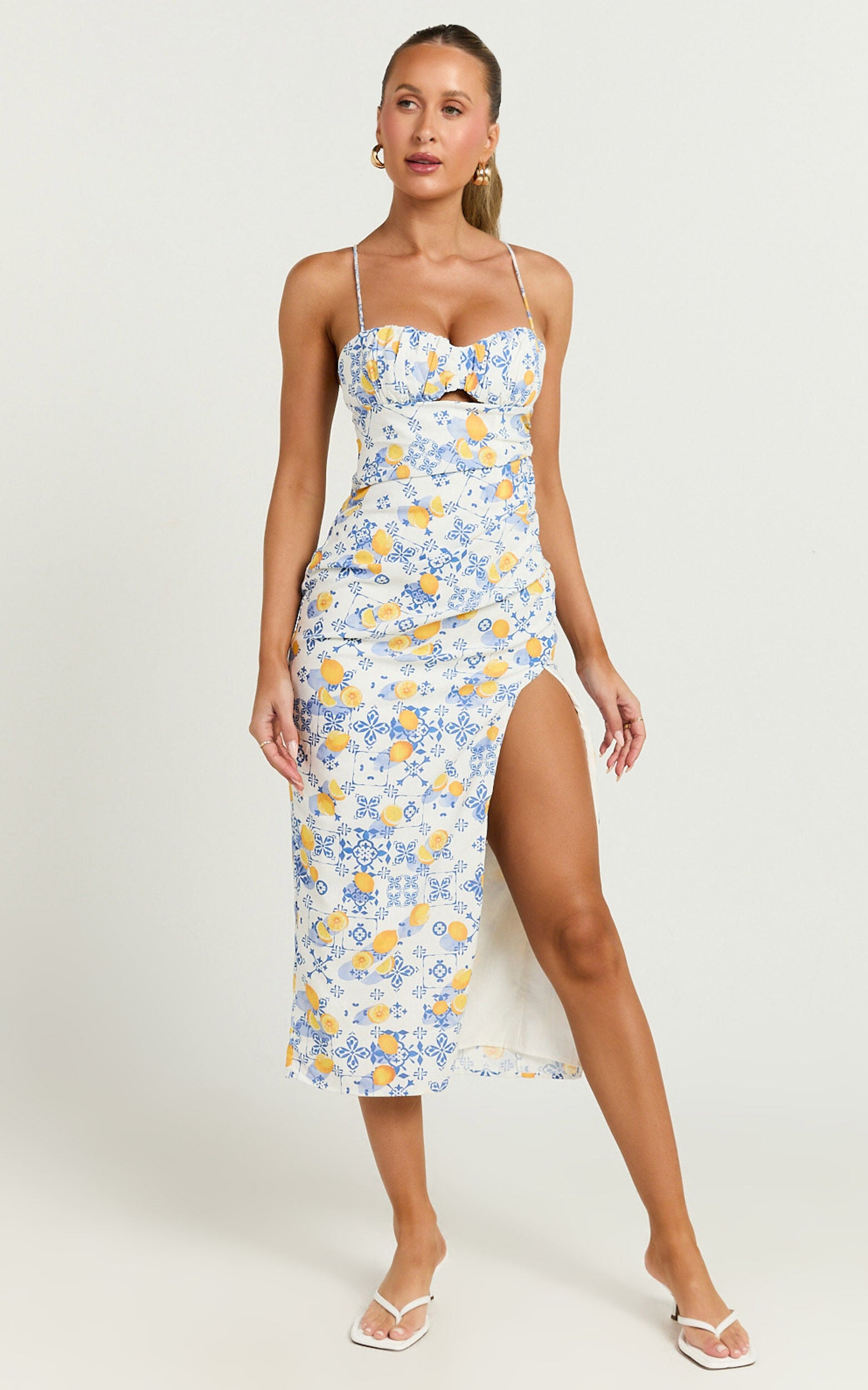 Frederica Midi Linen Dress - Gathered Sweetheart Tie Back Front Split Dress in Limoncello Tile