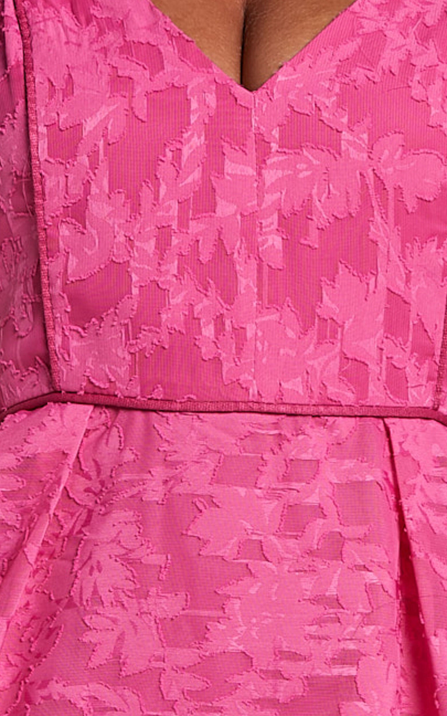 Philine Midi Dress - Jacquard Plunge Fit and Flare Dress in Pink