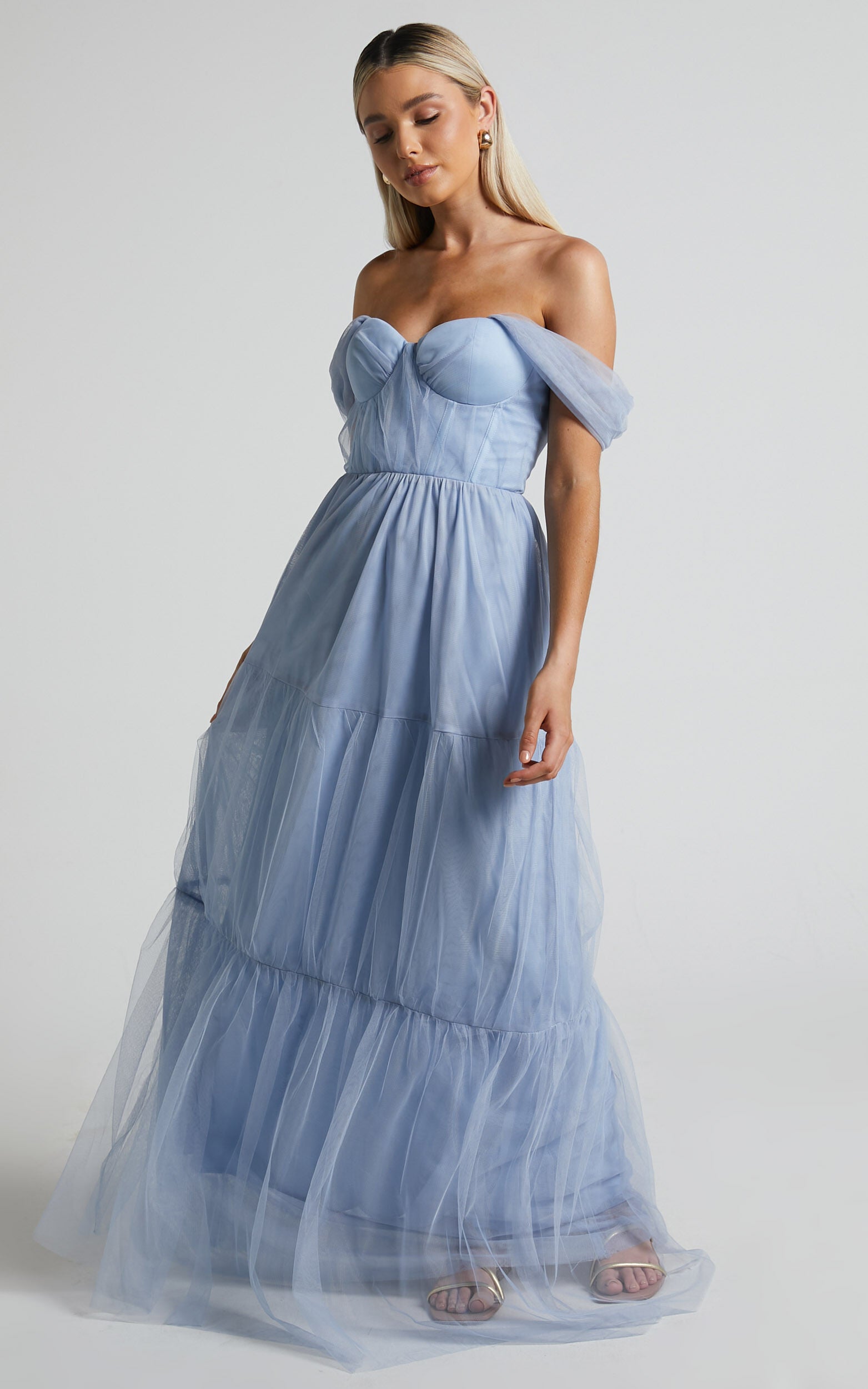 Ontario Maxi Dress - Off Shoulder Corset Bodice Tulle Dress in Light Blue