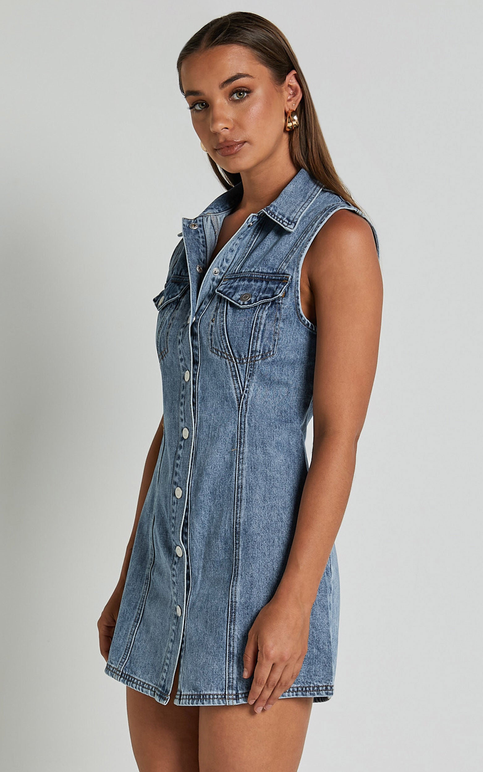 Gigie Mini Dress - Button Front Collared Denim in Mid Blue Wash