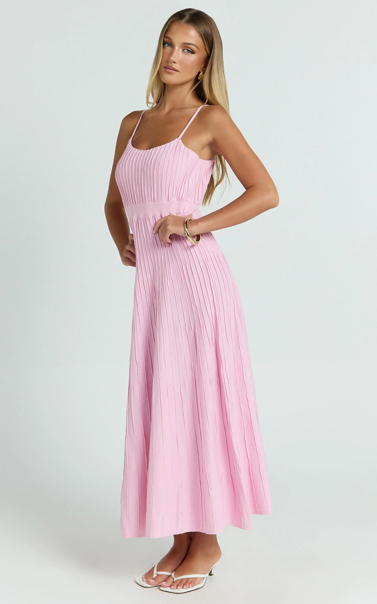 Donissa Midi Dress - Panelled Knit Dress in Pale Pink