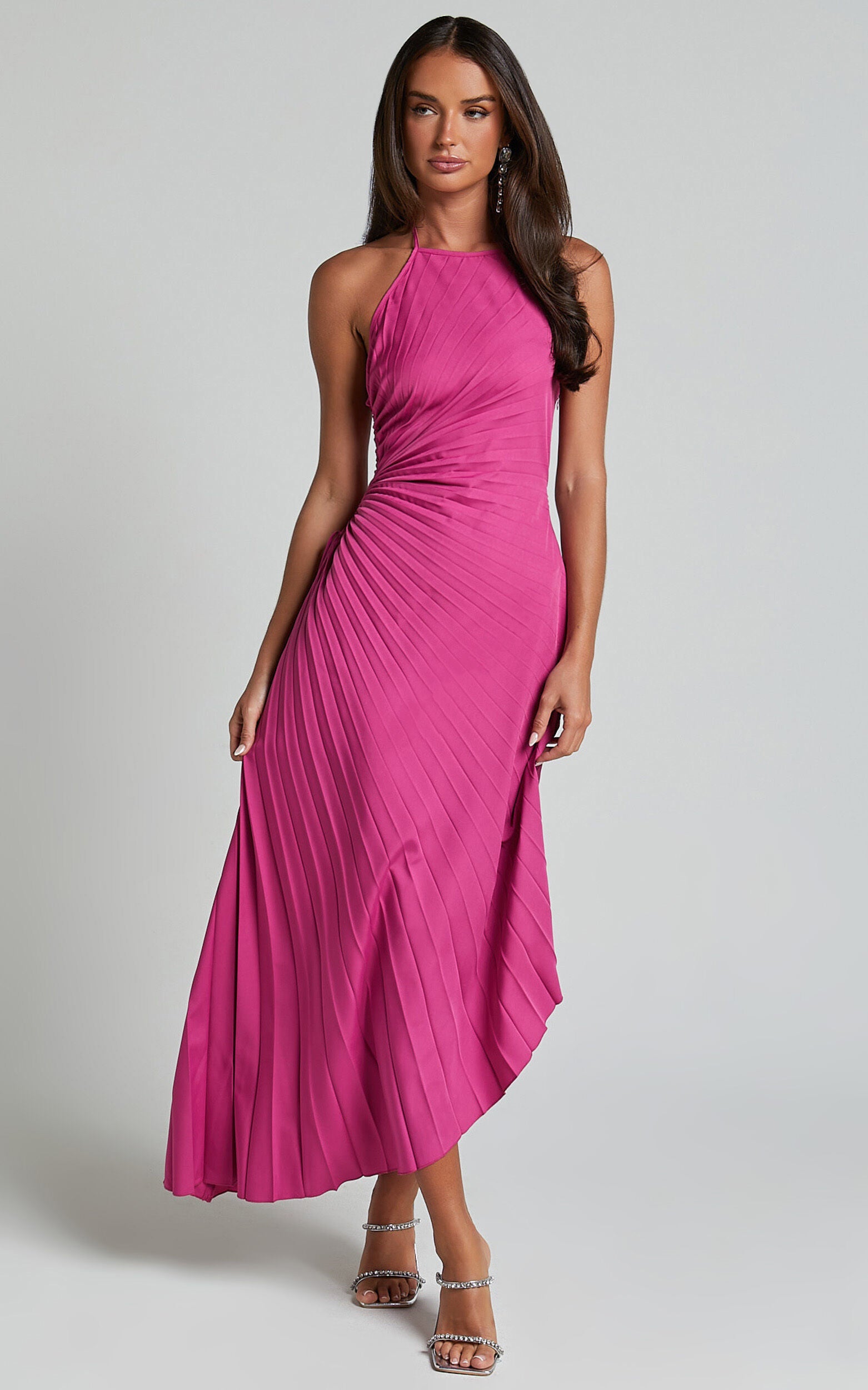 Gilly Midi Dress - Asymmetric Pleated Dress in Berry