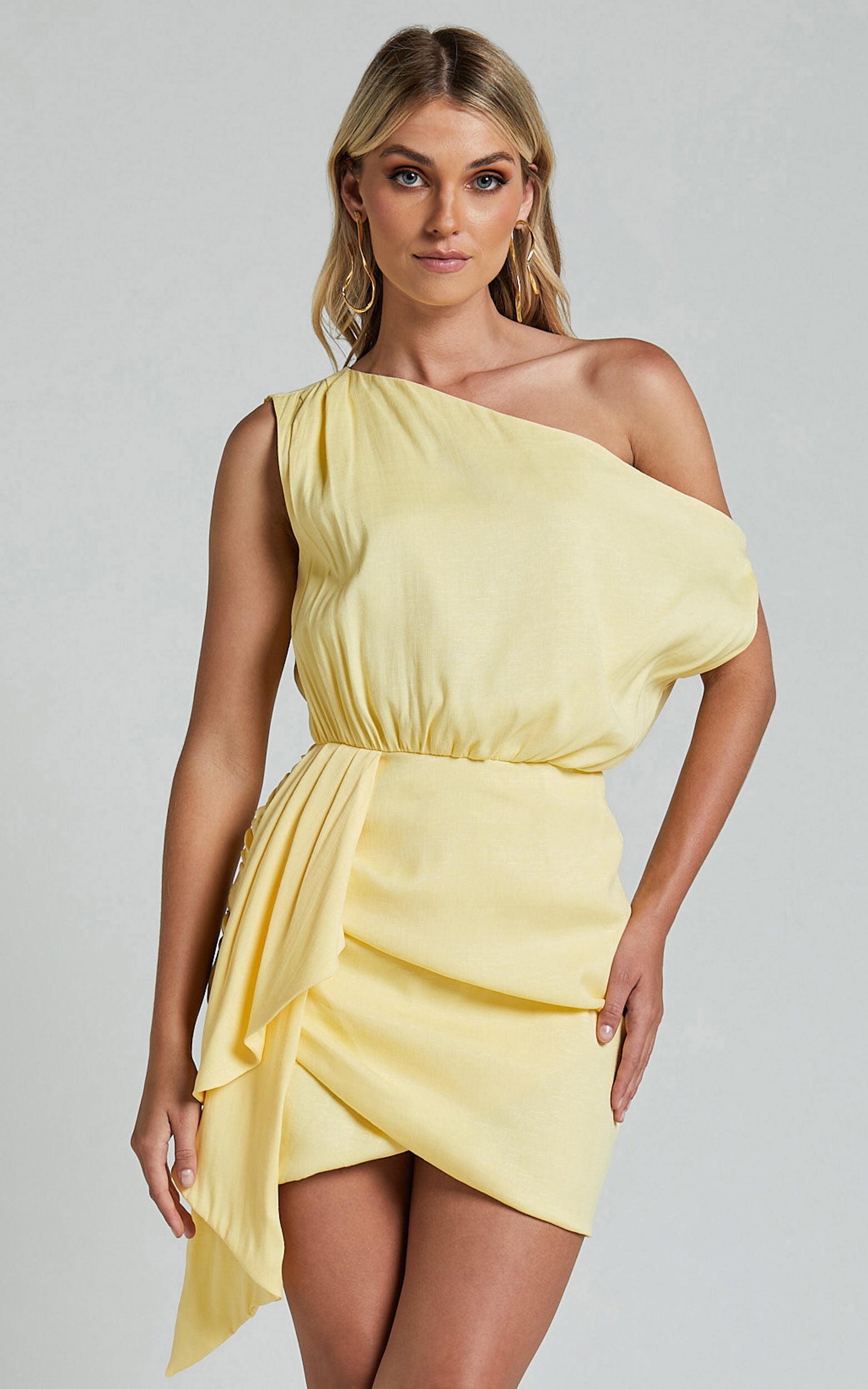 Niana Mini Dress - Drape One Shoulder Dress in Lemon