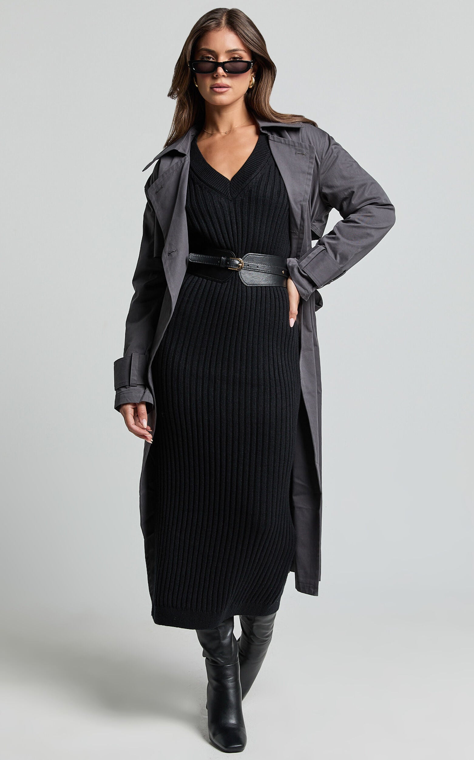 Kartia Midi Dress - V Neck Knit Dress in Black