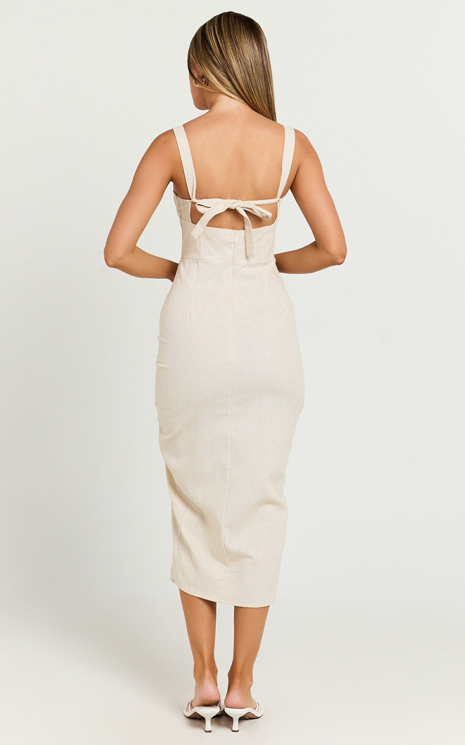 Griffin Midi Linen Dress - Embroidered Tie Back Ruched Dress in Oatmeal