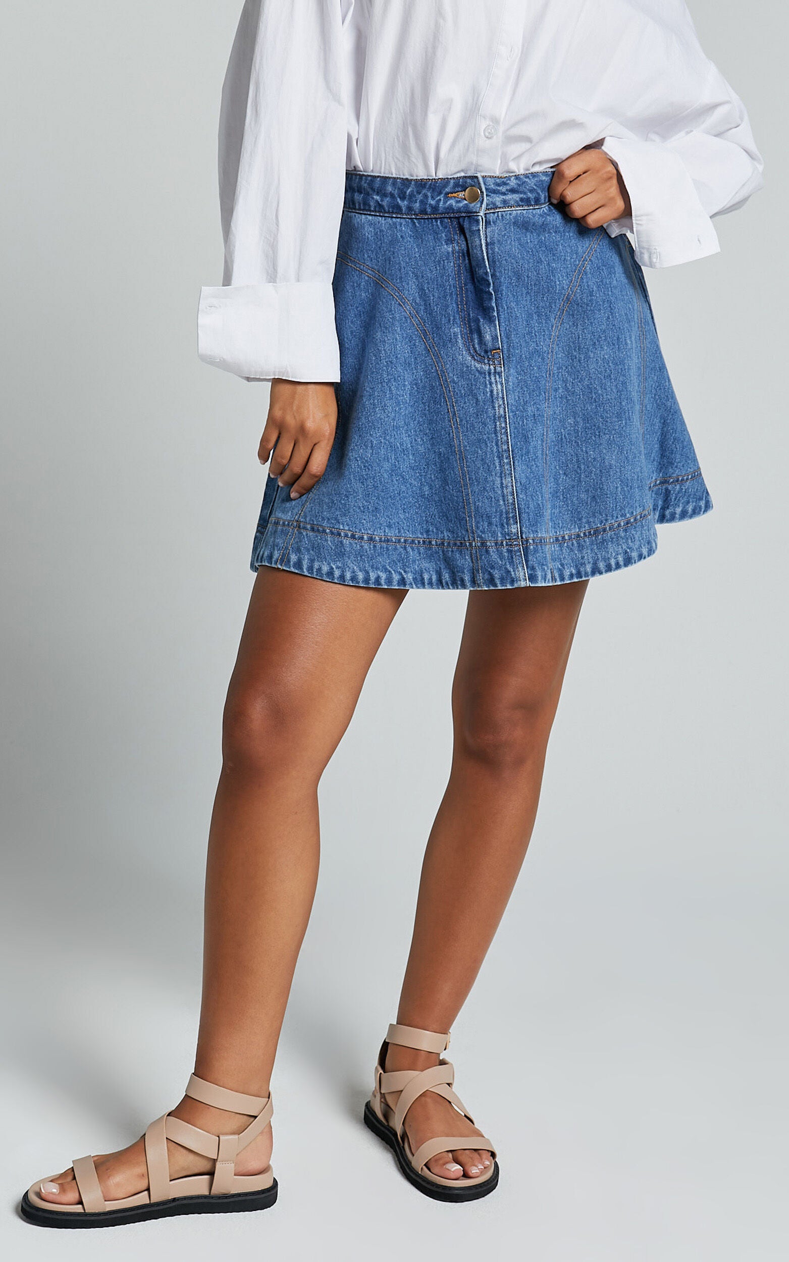 Koemi Skirt - High Waisted Denim Flare in Mid Blue Wash