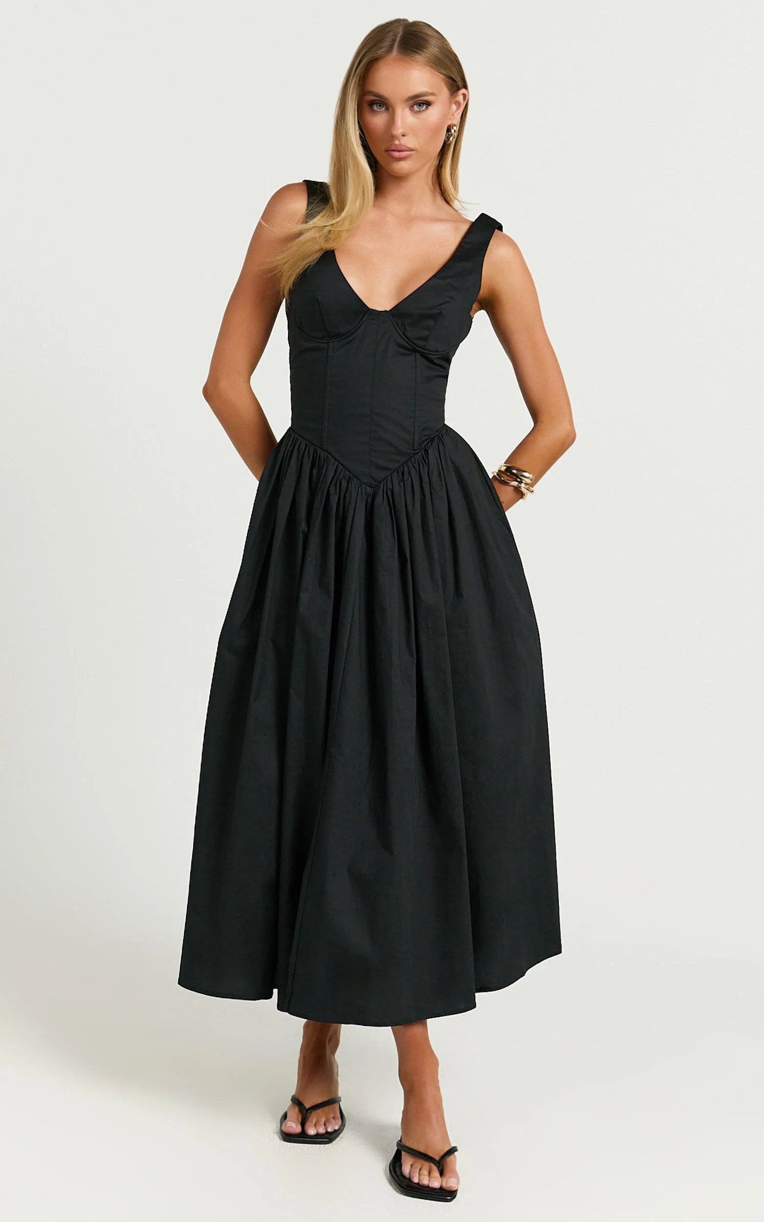 Beckett Midi Dress - Scoop Neck Drop V Waist Gathered Skirt Dress in Black