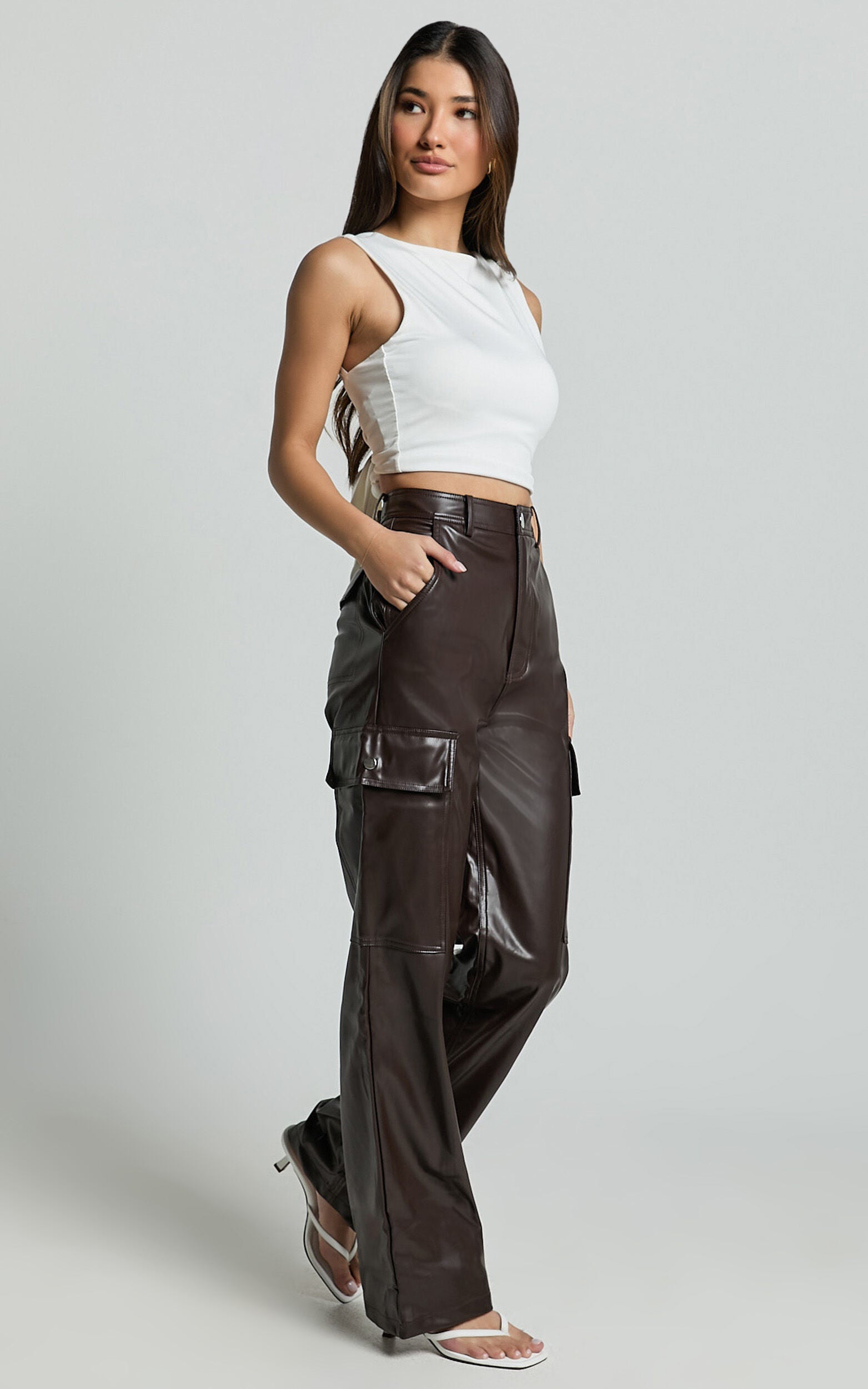 Elviera Pants - High Waisted Faux Leather Cargo Pants in Dark Chocolate