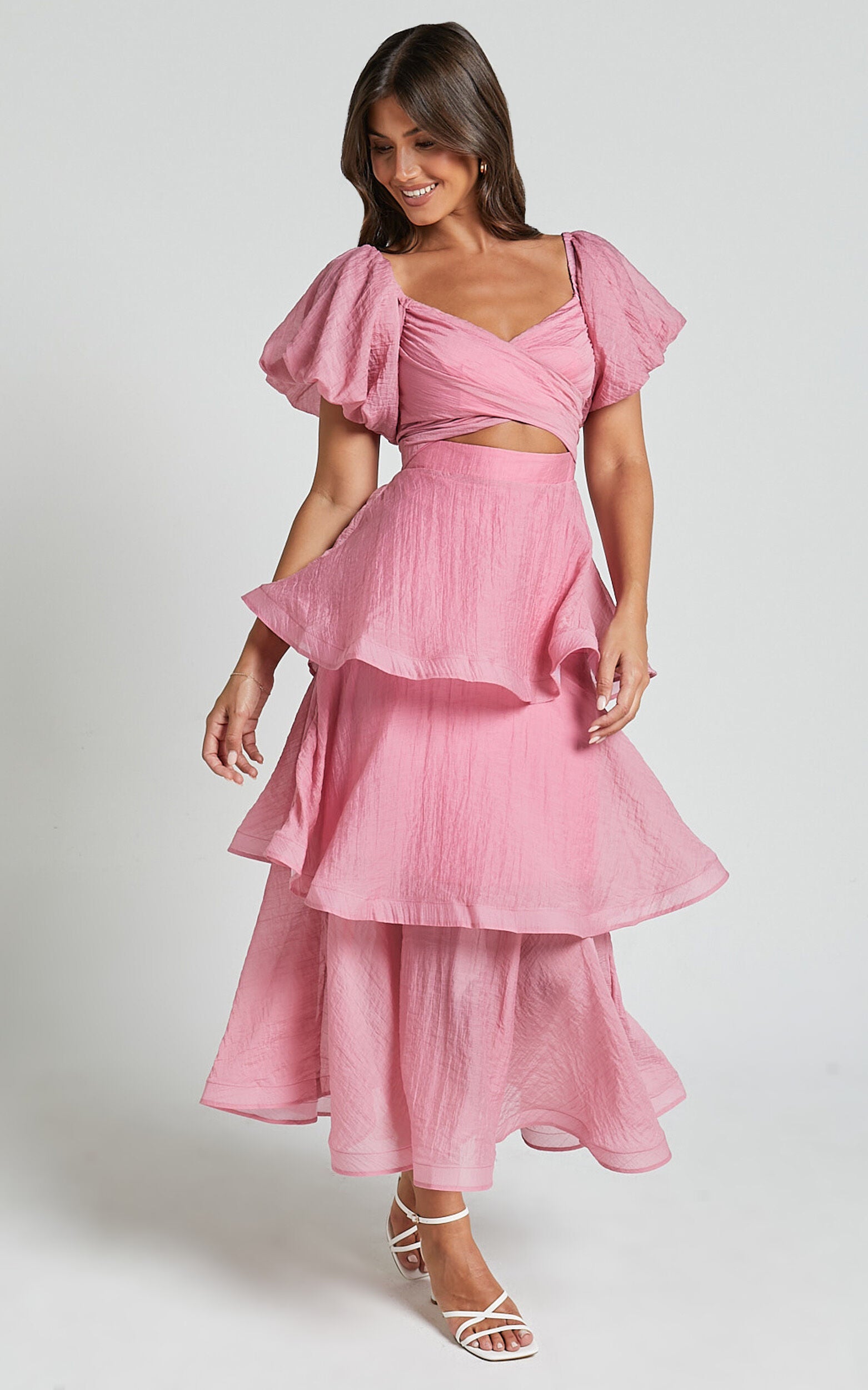Giselle Midi Dress - Short Puff Sleeve Front Cut Out Layered Dress in Pink