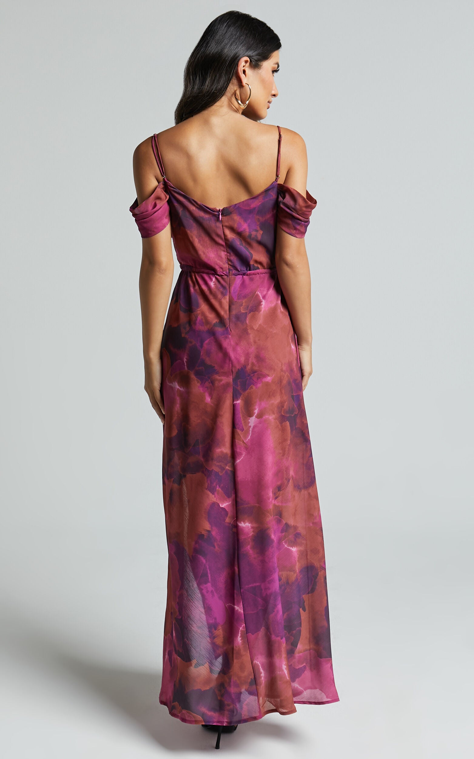 Keira Midi Dress - Draped Off the Shoulder Dress in Electric Cloud - Purple