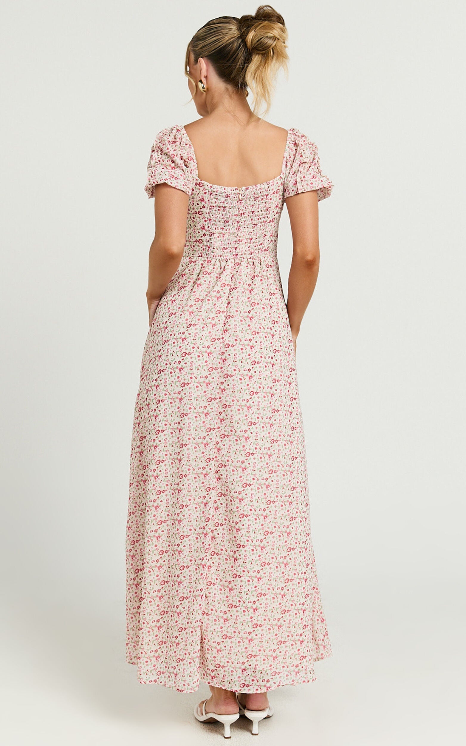 Rhylene Midi Dress - Puff Sleeve Tie Front Detail Midi Dress in Rosy Floral