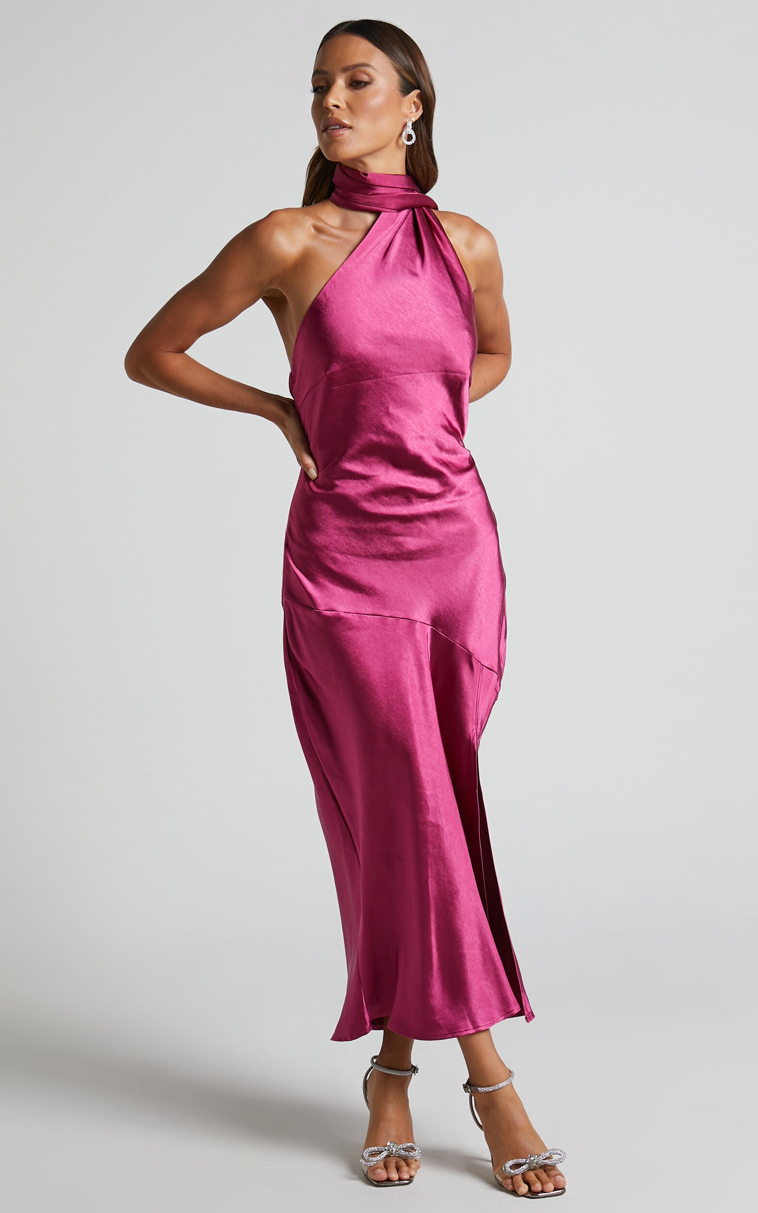 Evana Midi Dress - High Asymmetrical Neck Satin Slip Dress in FUSCHIA