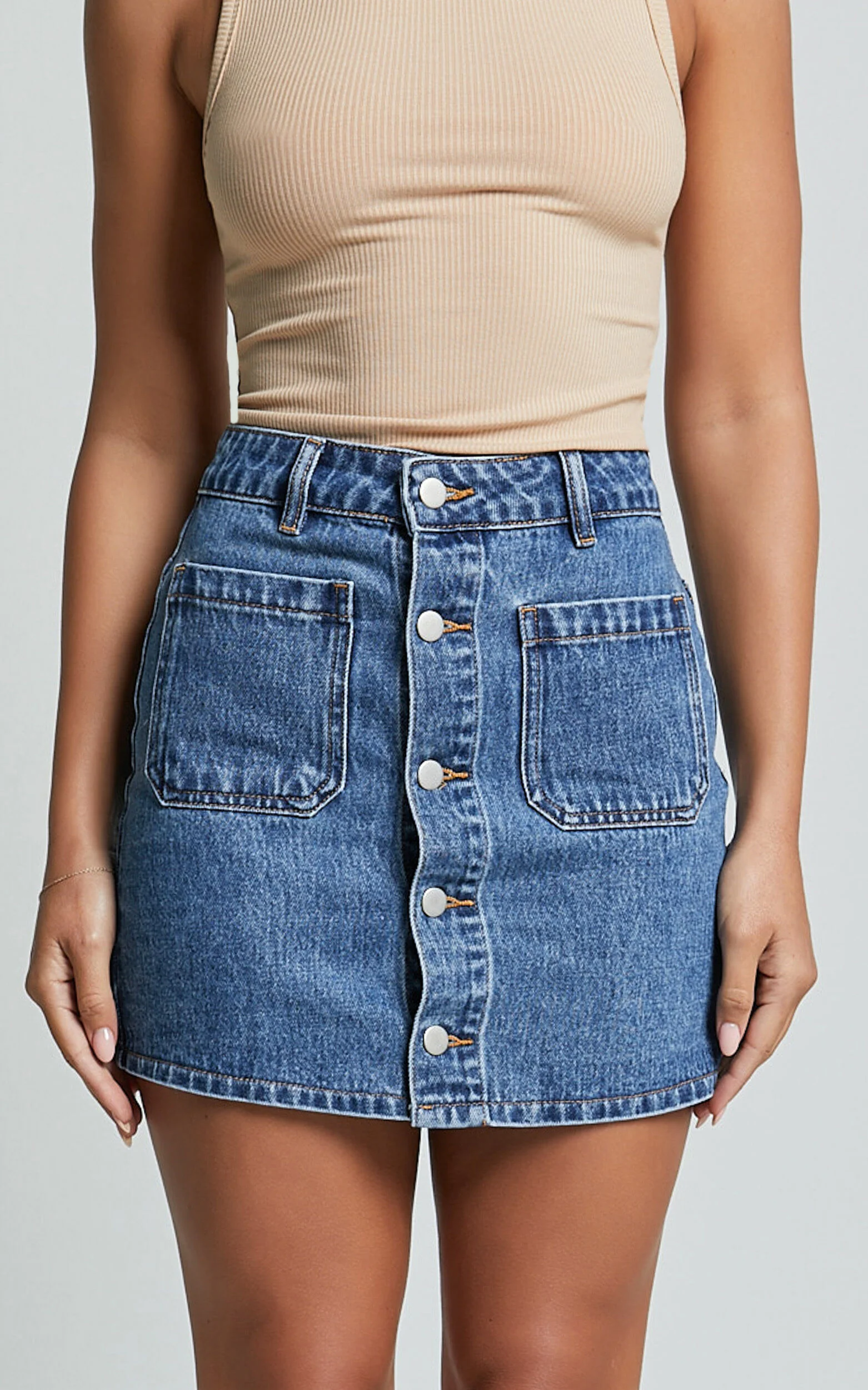 Gertrude Mini Skirt - High Waist Button Through Denim Skirt in Mid Blue Wash