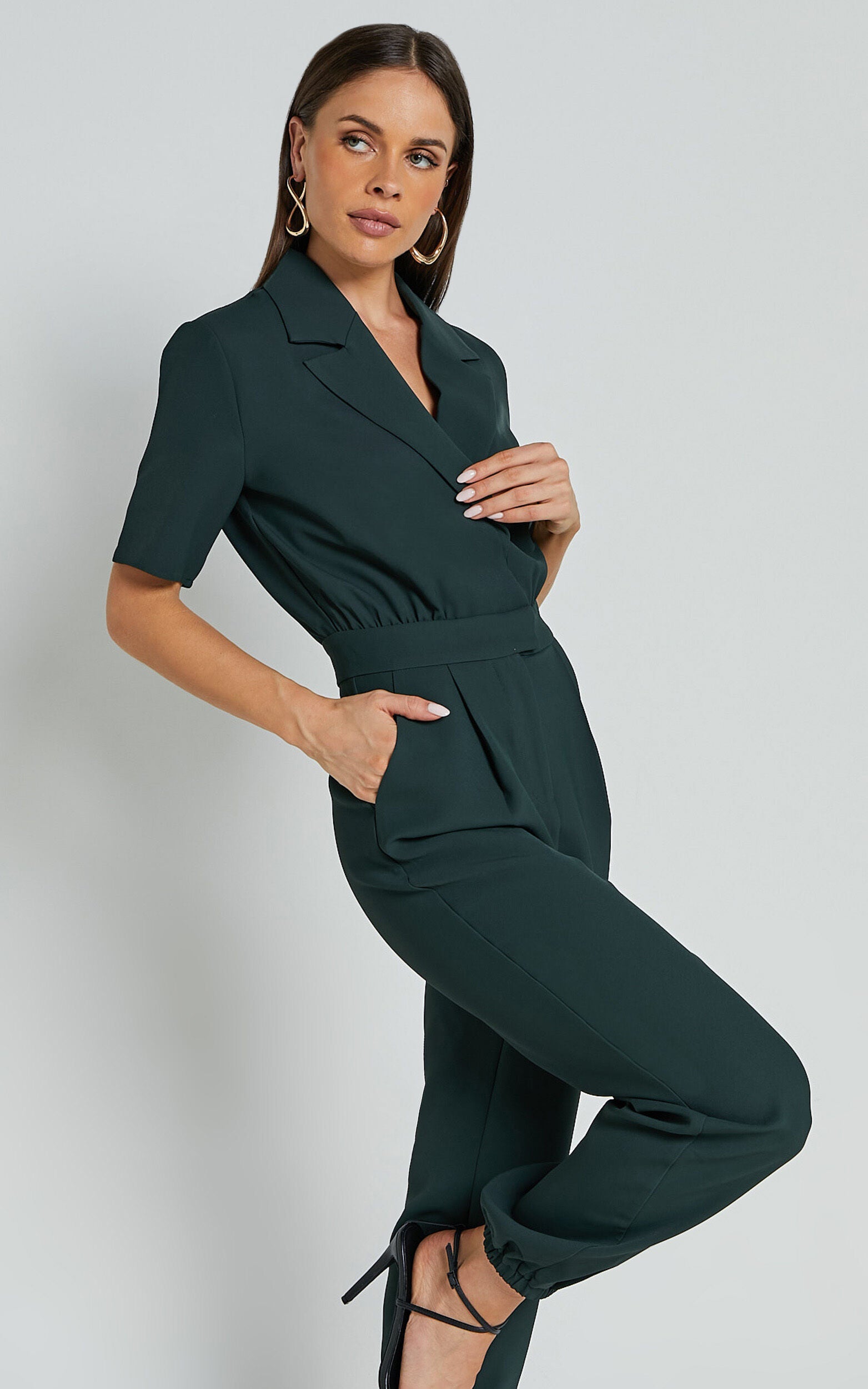 Coco Jumpsuit - Collared Short Sleeve Straight Leg Jumpsuit in Forest Green