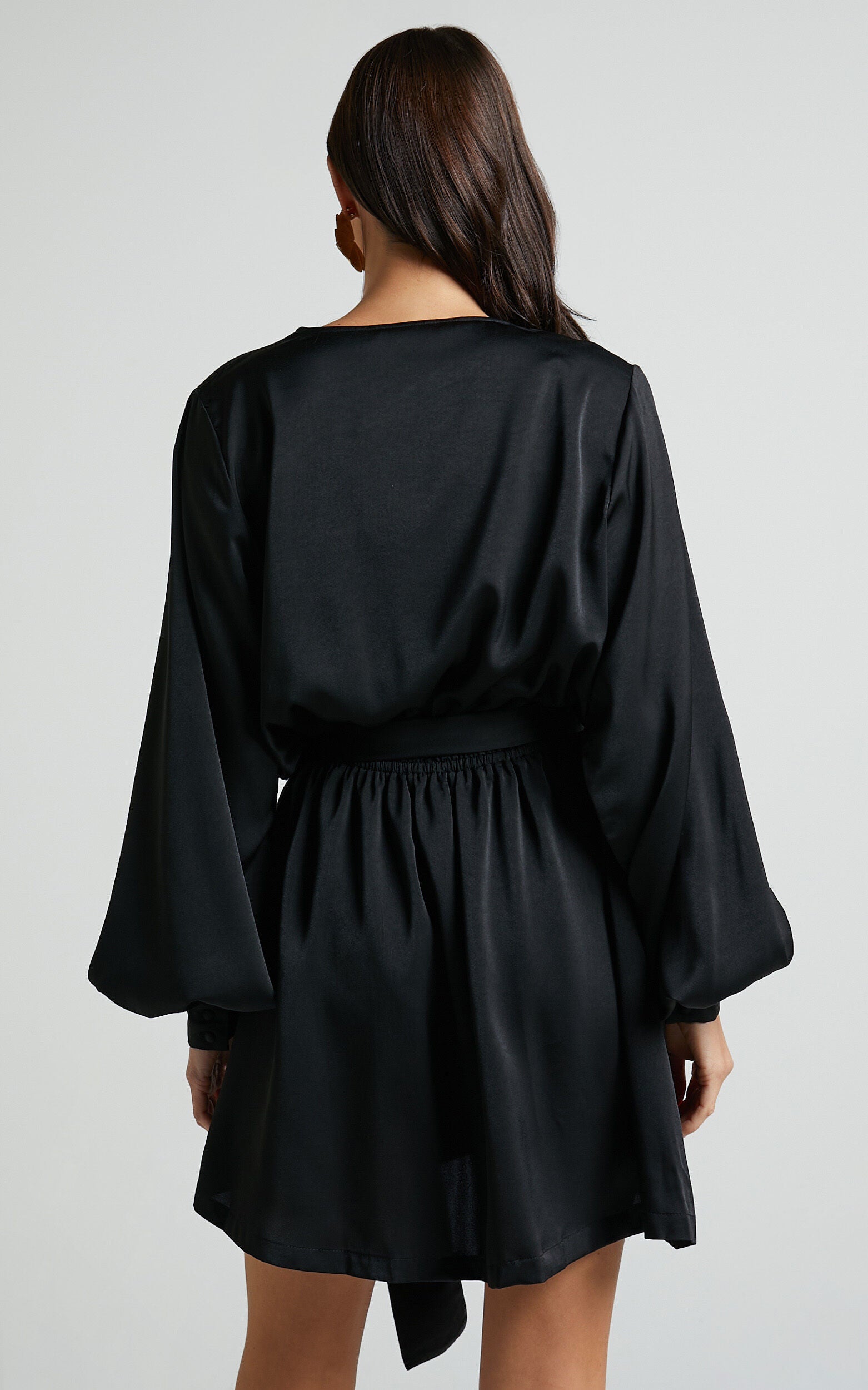 Laura Mini Dress - Long Sleeve V Neck Wrap Dress in Black