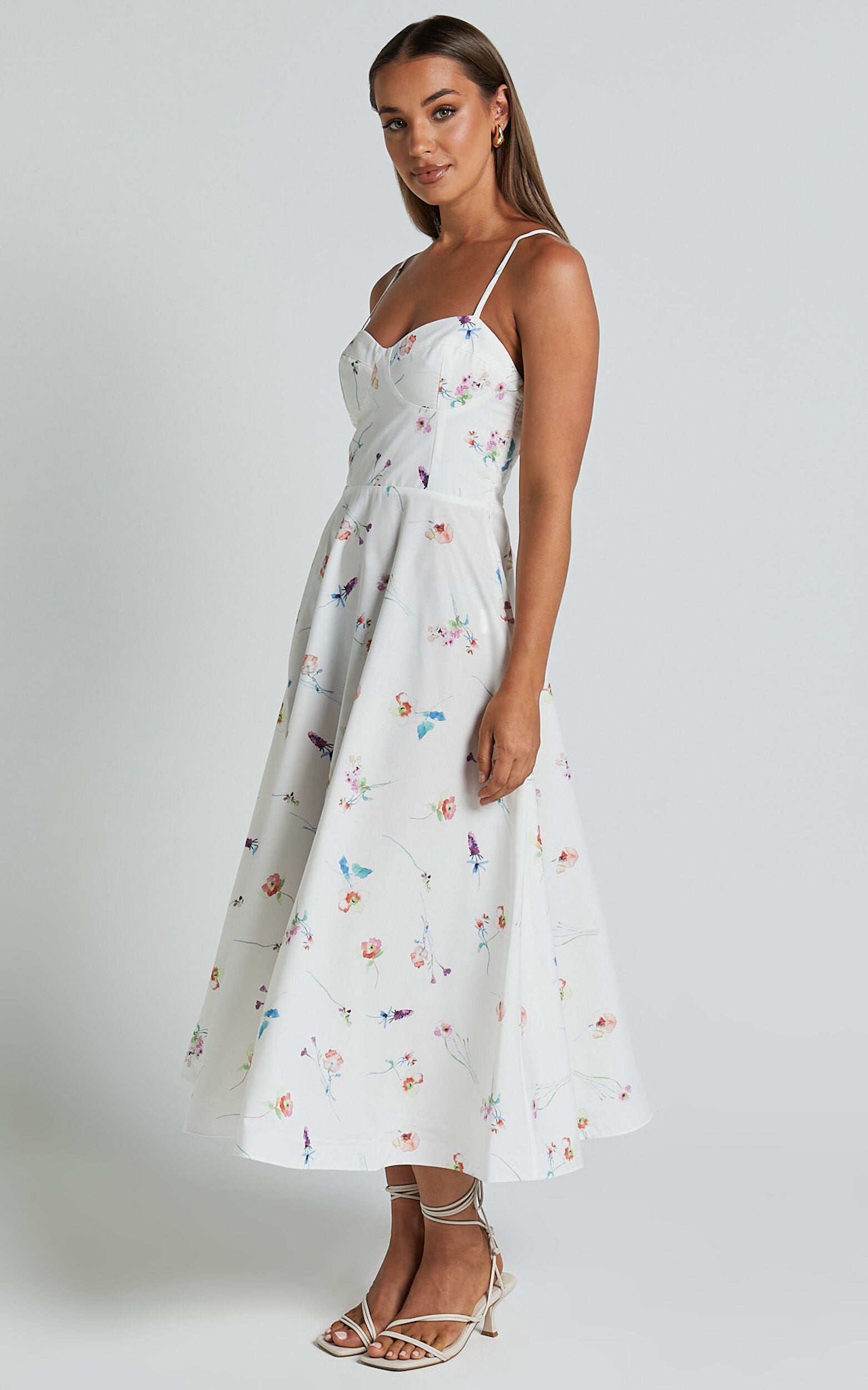 Robertson Midi Dress - Strappy Sweetheart Bustier Flare Dress in Painterly Wild Flower