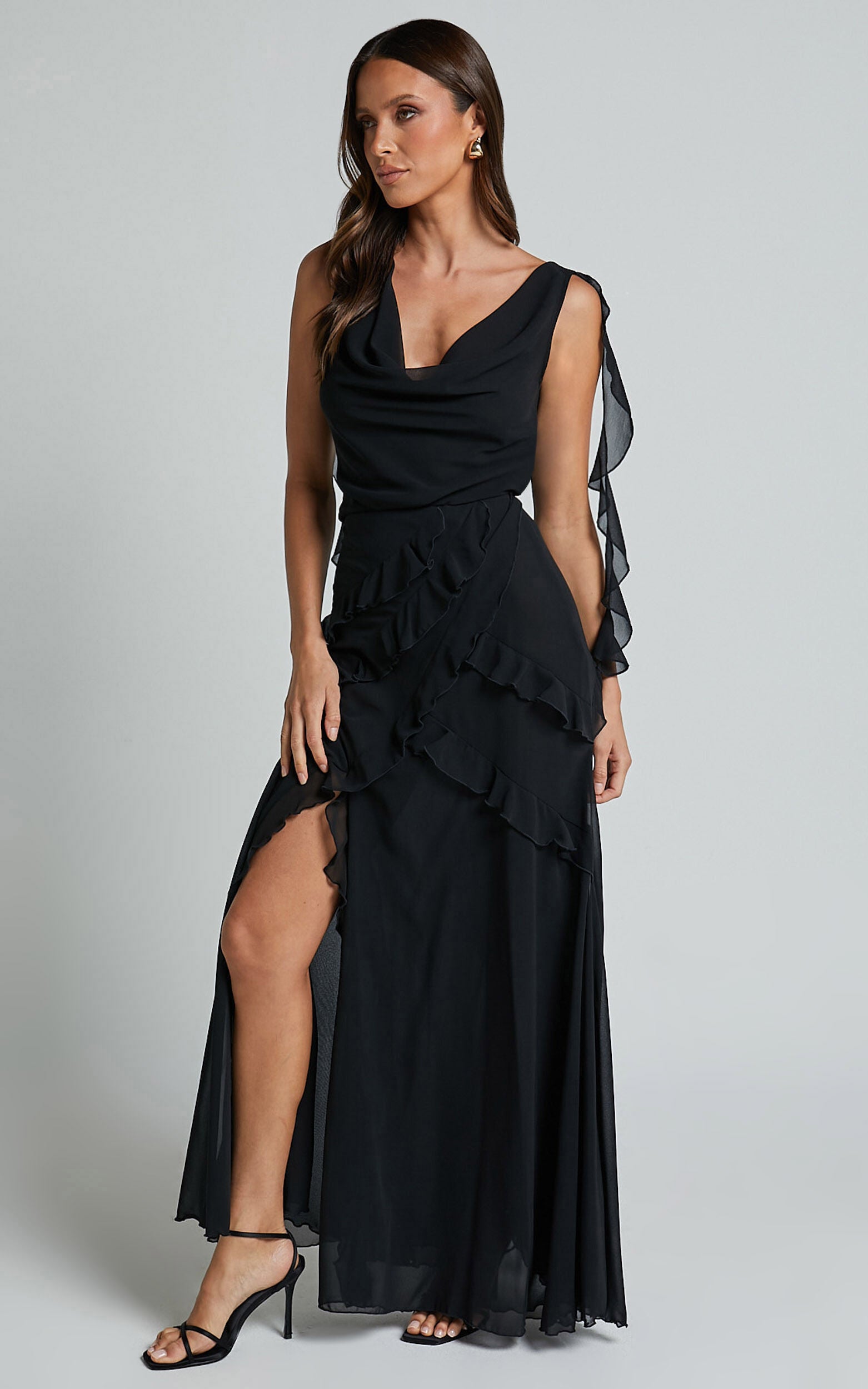Lowen Maxi Skirt - High Waist Frill Thigh Split Skirt in Black