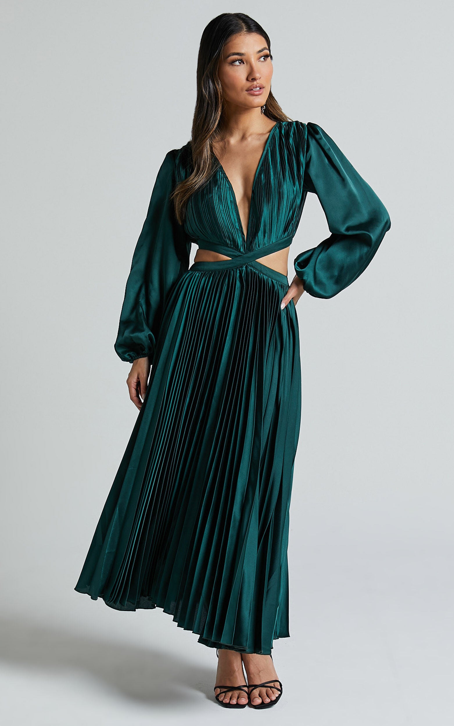 Jade Midi Dress - Side Cut Out Pleated Balloon Sleeve Dress in Emerald Green