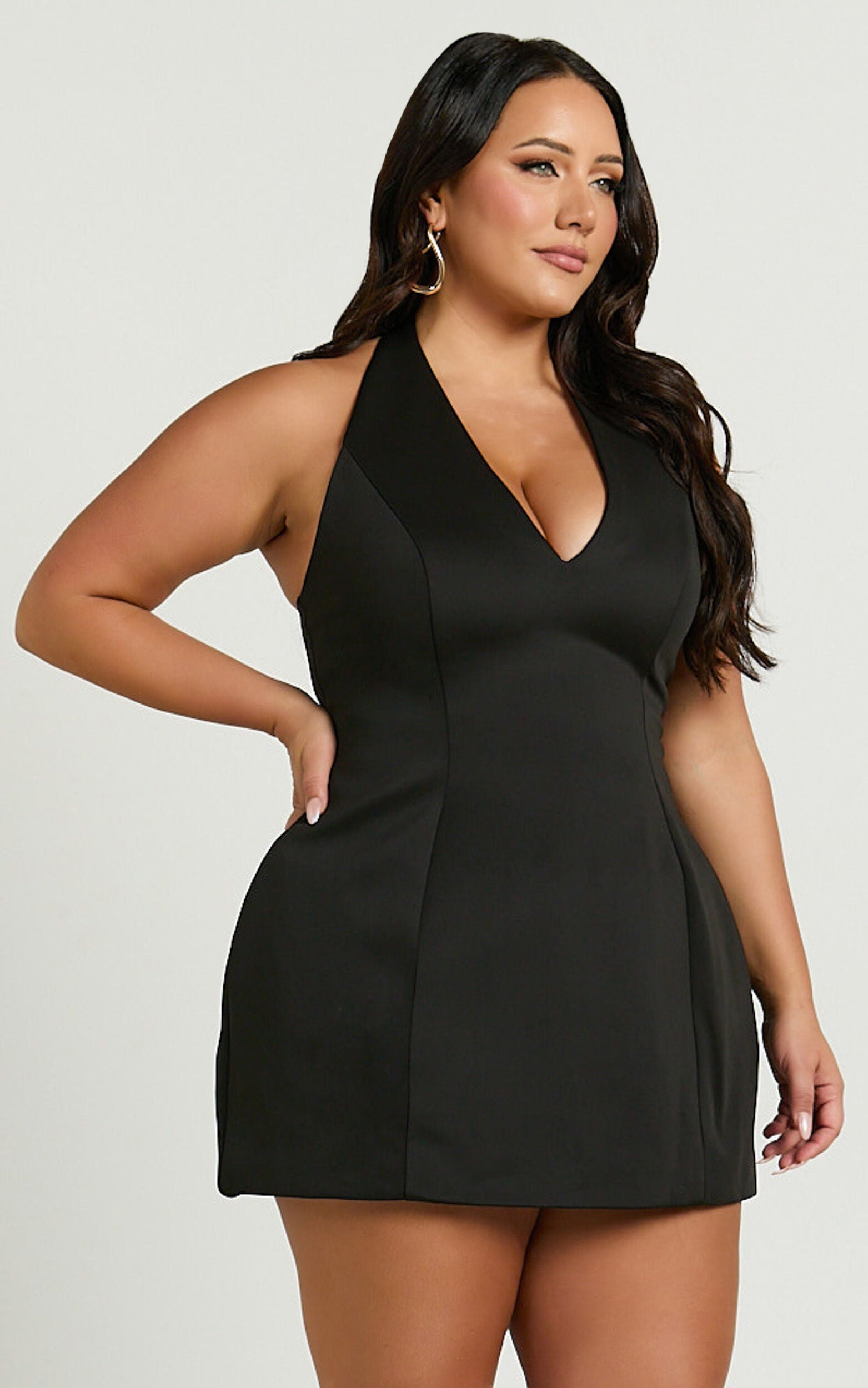 Gaia Mini Dress - Plunge Halter Fit and Flare Dress in Black