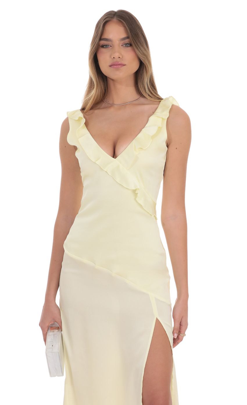 Satin V-Neck Open Back Maxi Dress in Pastel Yellow