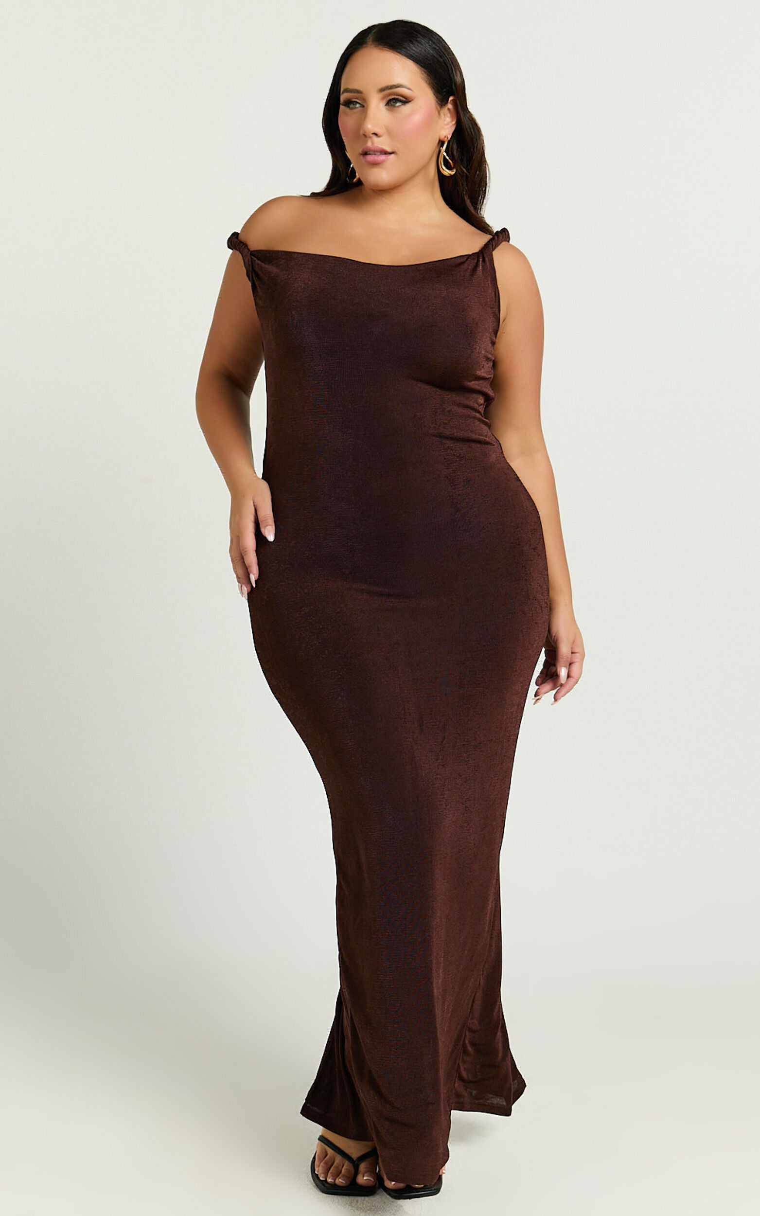 Isabel Midi Dress - Twist Off Shoulder Bodycon Dress in Chocolate