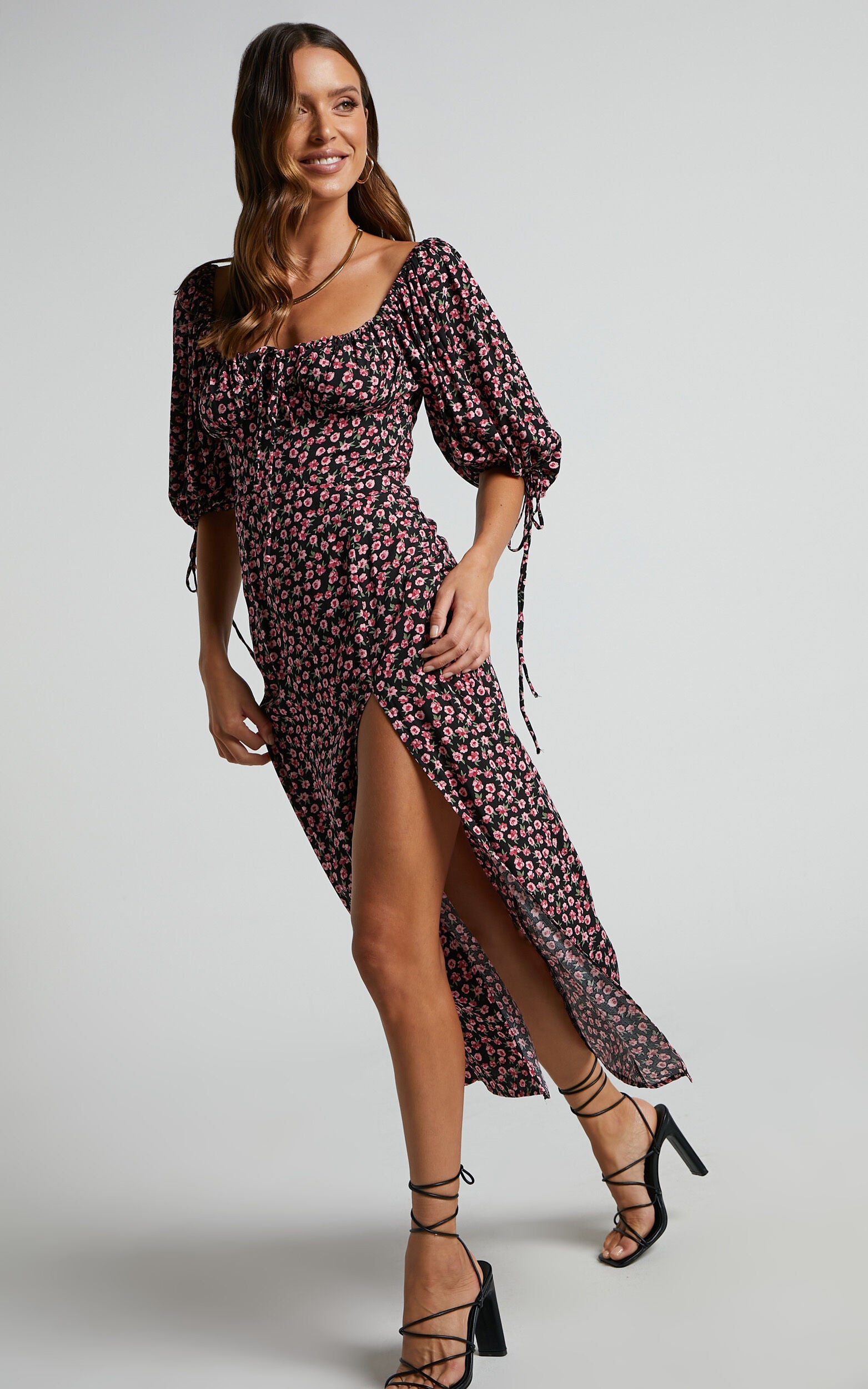 Rosario Midi Dress - Ruched Bust Puff Sleeve Dress in Black Floral