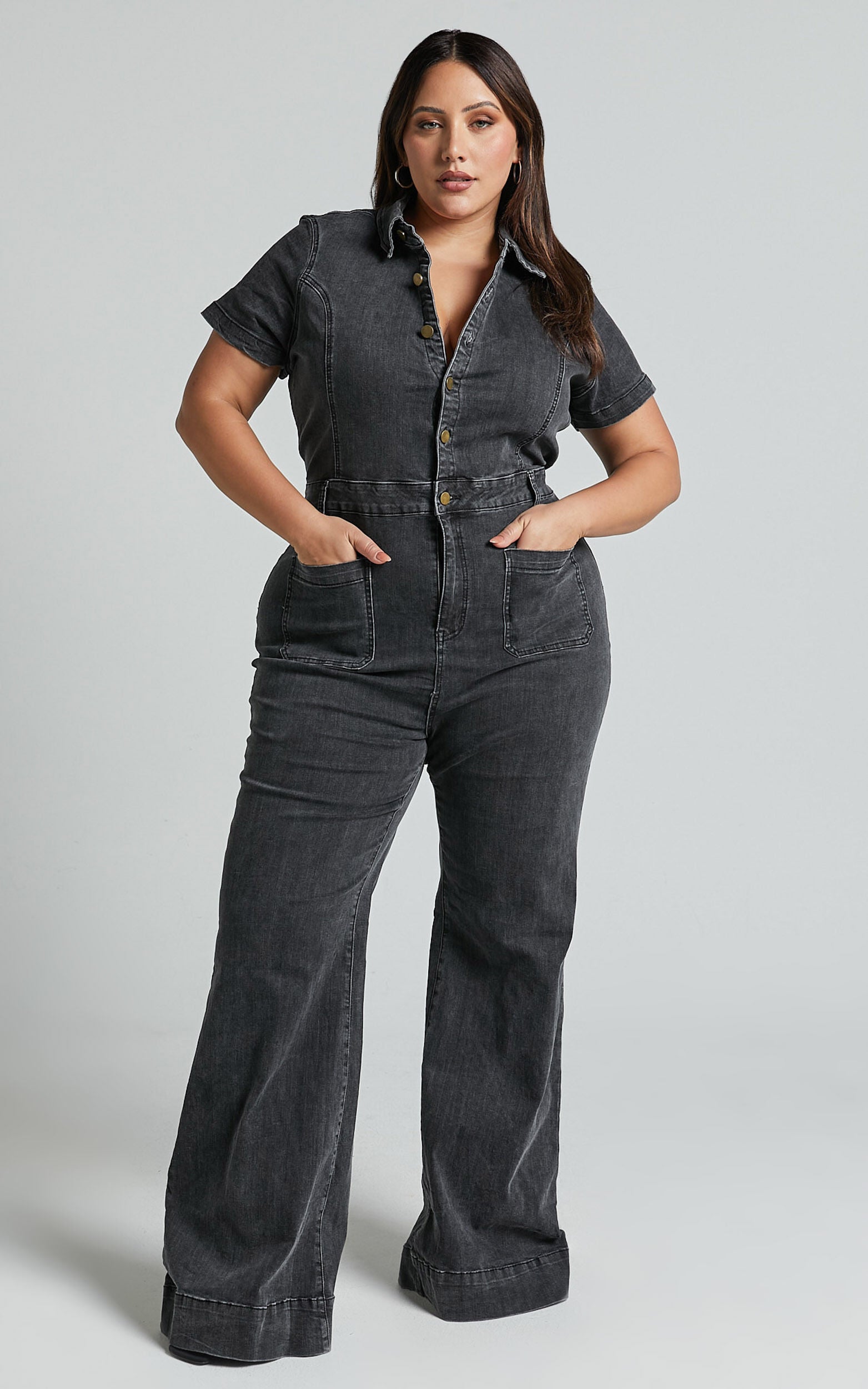 Silvena Jumpsuit - Short Sleeve Flared Denim Jumpsuit in Black Wash