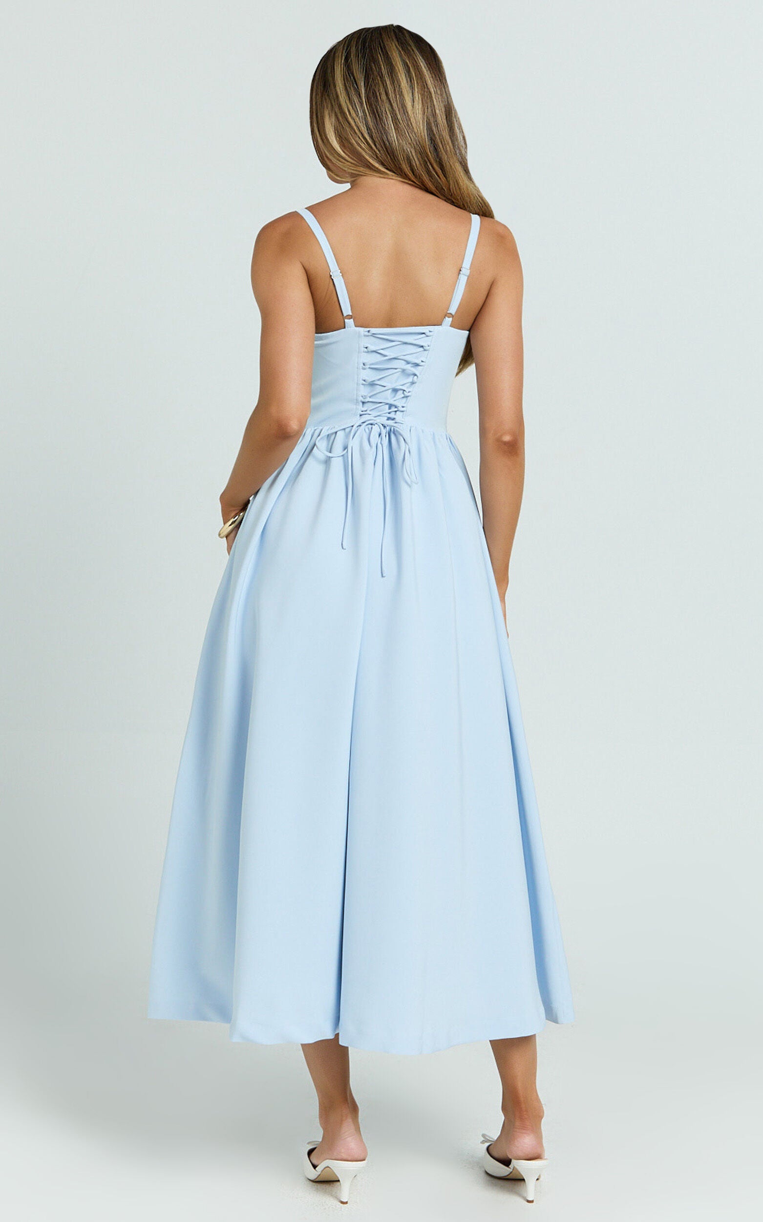 Nadine Midi Dress - Bustier Corset Waist Gathered Full Skirt Dress in Baby Blue